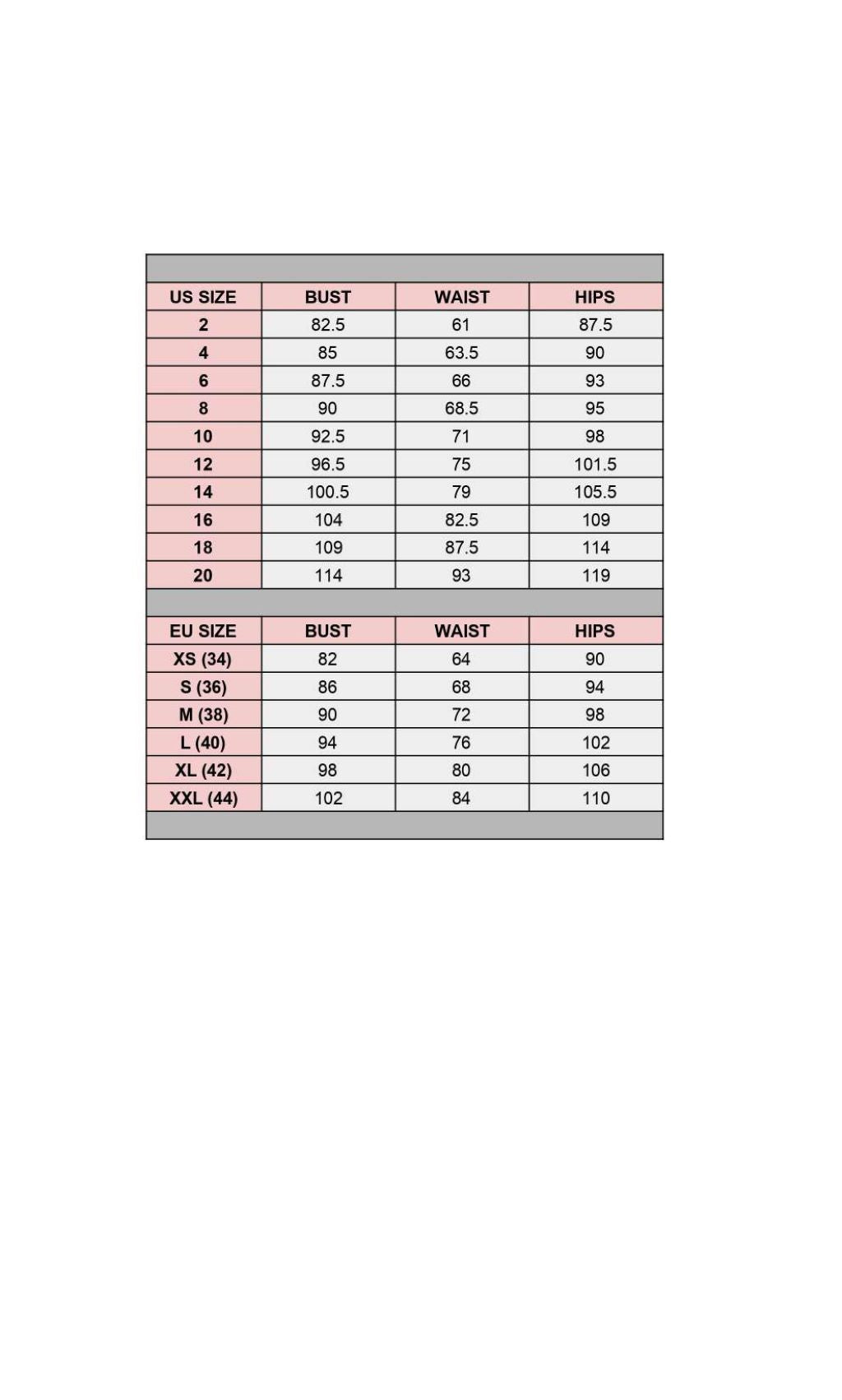 Size chart for dress with measurements in US and EU sizes, showing bust, waist, and hips in centimeters.