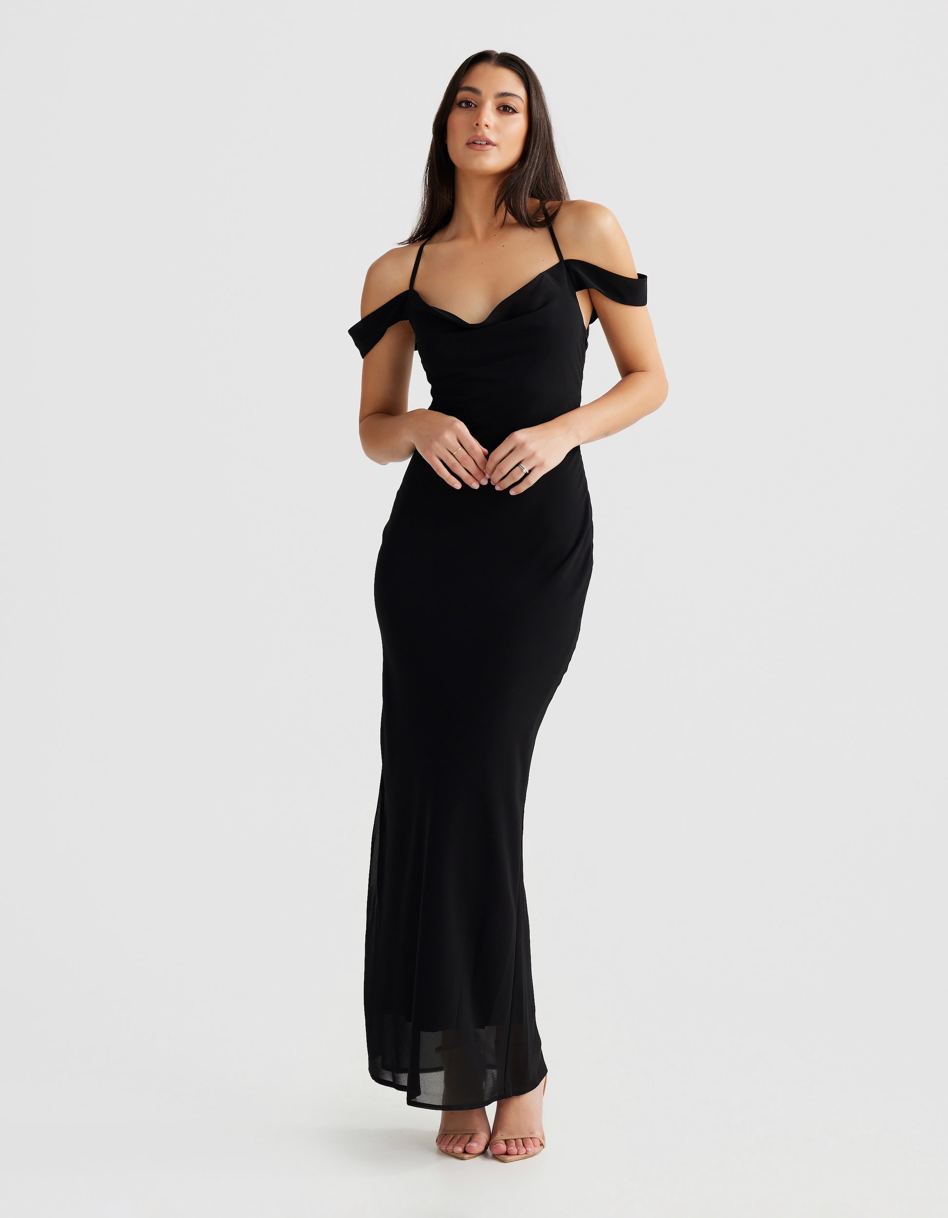 MÉLANI The Label VIENNA Black Low Back Chiffon Maxi Dress