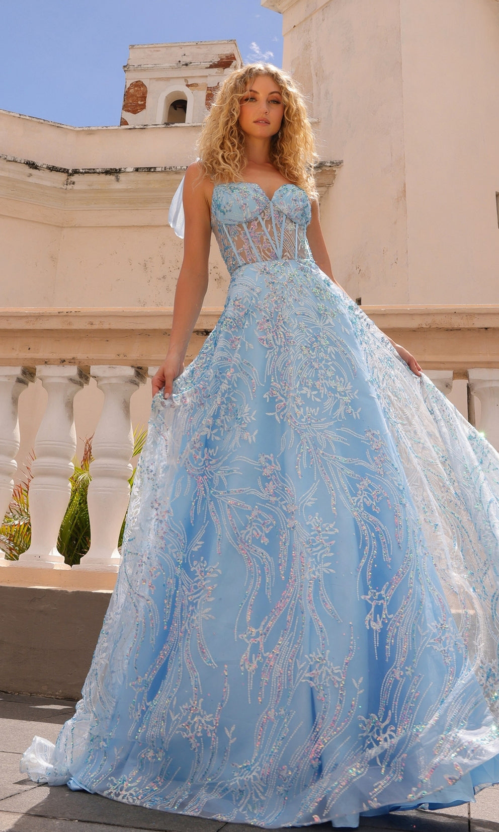 RARI Baby Blue Sequin Bustier Bow Ball Gown with sheer corset bodice and tulle bows. Perfect prom dress. Brisbane to Gold Coast.