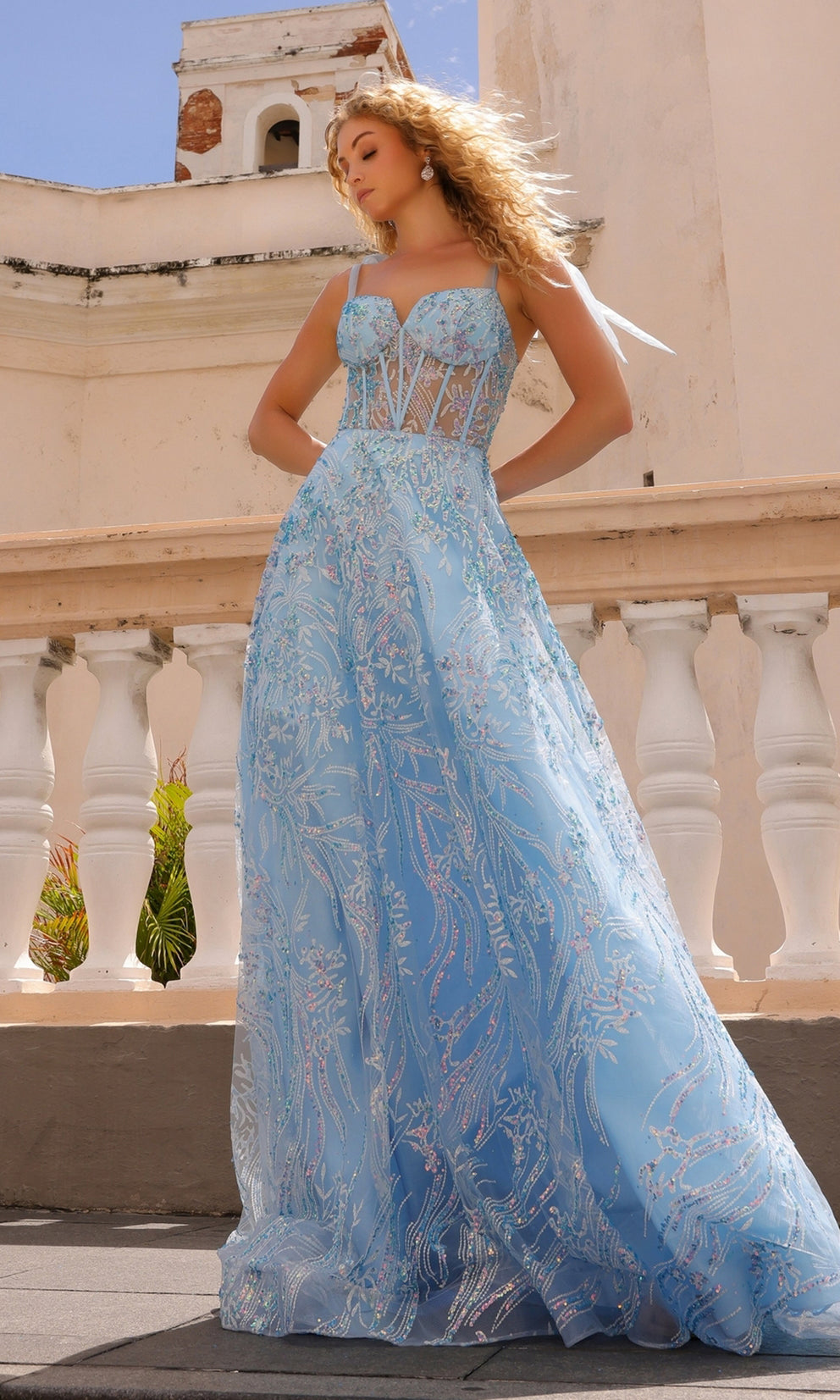 RARI baby blue sequin-printed prom dress with sheer corset bodice and tulle bows, ideal for school formals, Brisbane to Gold Coast.