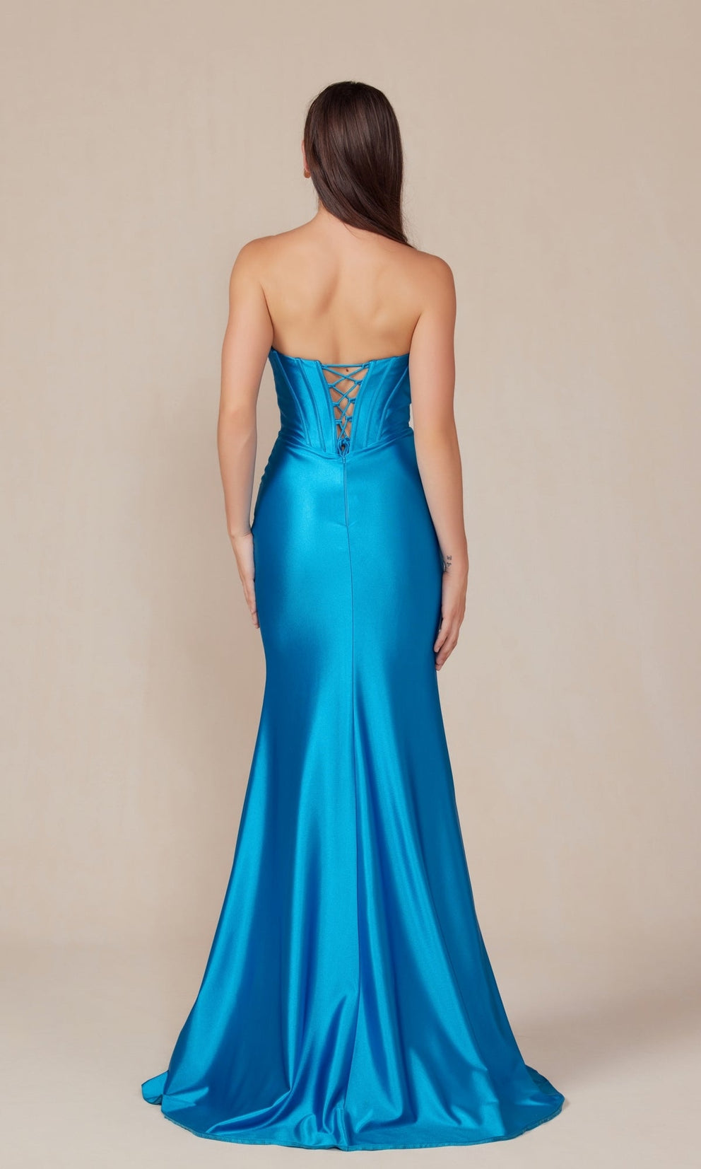 VALERA blue strapless prom dress with lace-up back, evening gown Brisbane to Gold Coast.