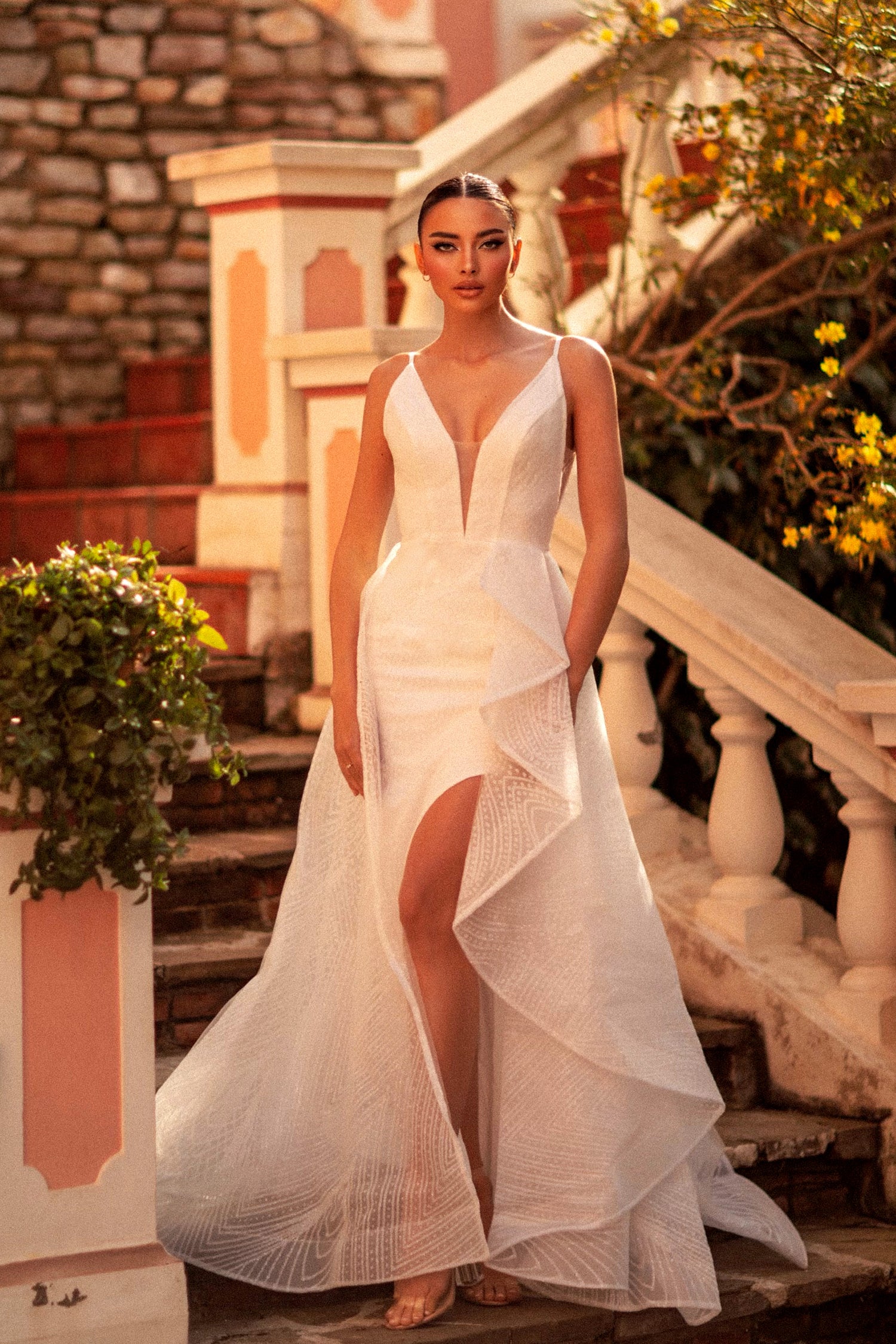 TINA HOLLY COUTURE T1844W white glitter bridal gown with V front and low back, with overskirt, Brisbane to Gold Coast, Australia