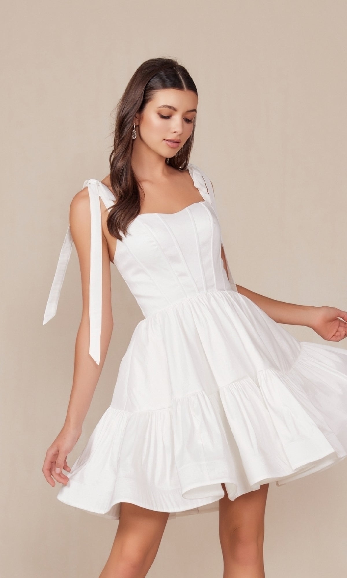 NIKA Hens Bride Off White A-Line Dress with sweetheart neckline and ribbon bow detail, short bridal dress Brisbane to Gold Coast, Australia.