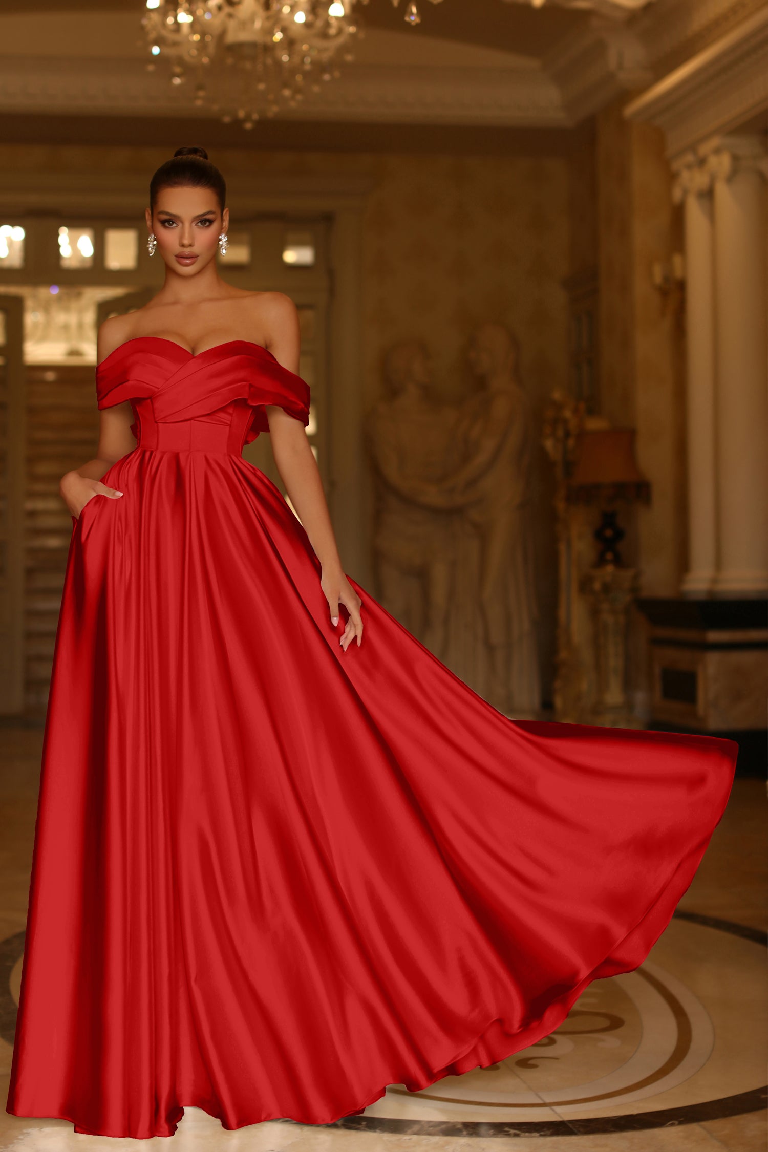 TINA HOLLY COUTURE TE207 satin off-the-shoulder A-line formal dress, elegant red gown Brisbane to Gold Coast