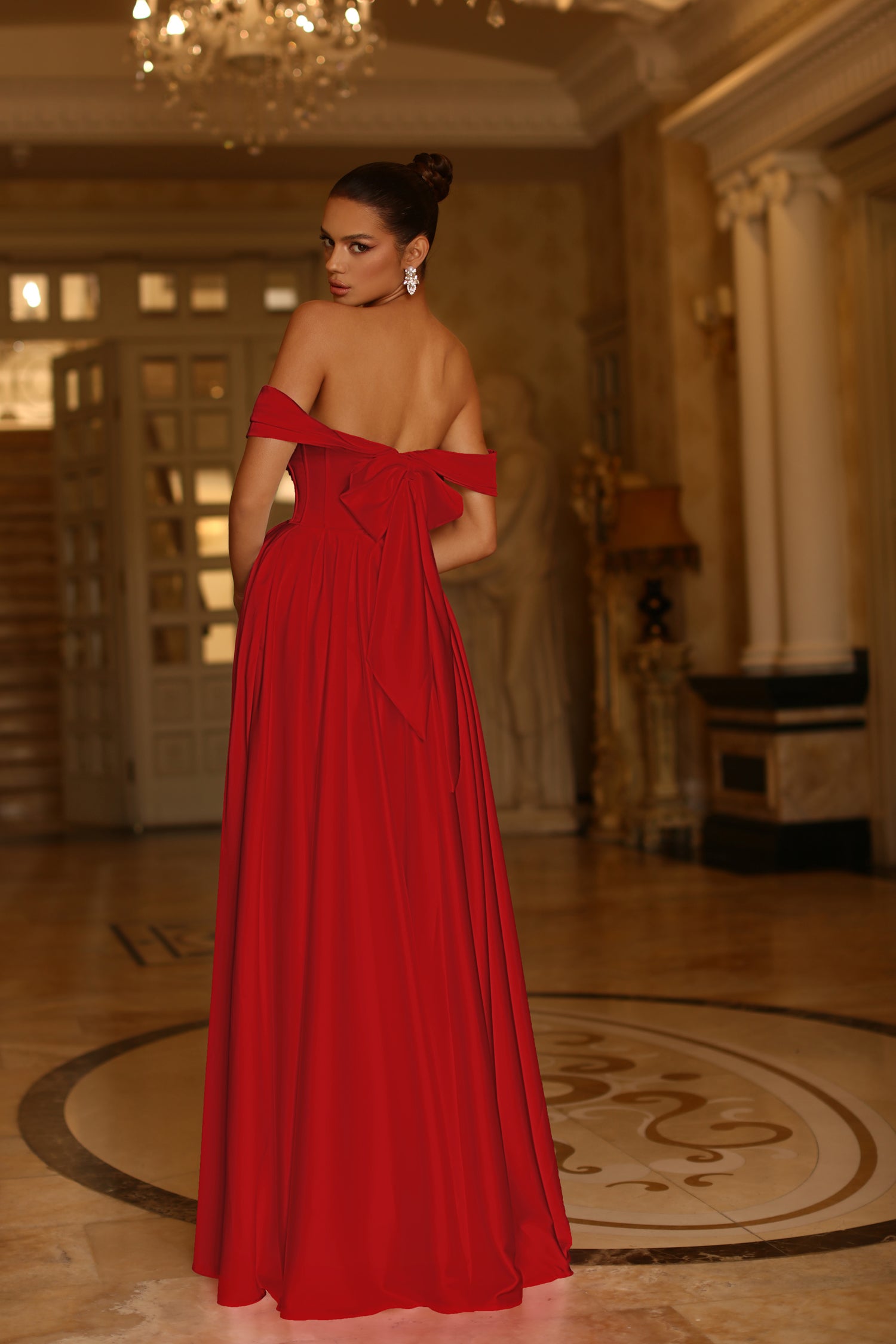 TINA HOLLY COUTURE TE207 elegant red satin off-the-shoulder A-line formal dress with bow detail, worn for events from Brisbane to Gold Coast.