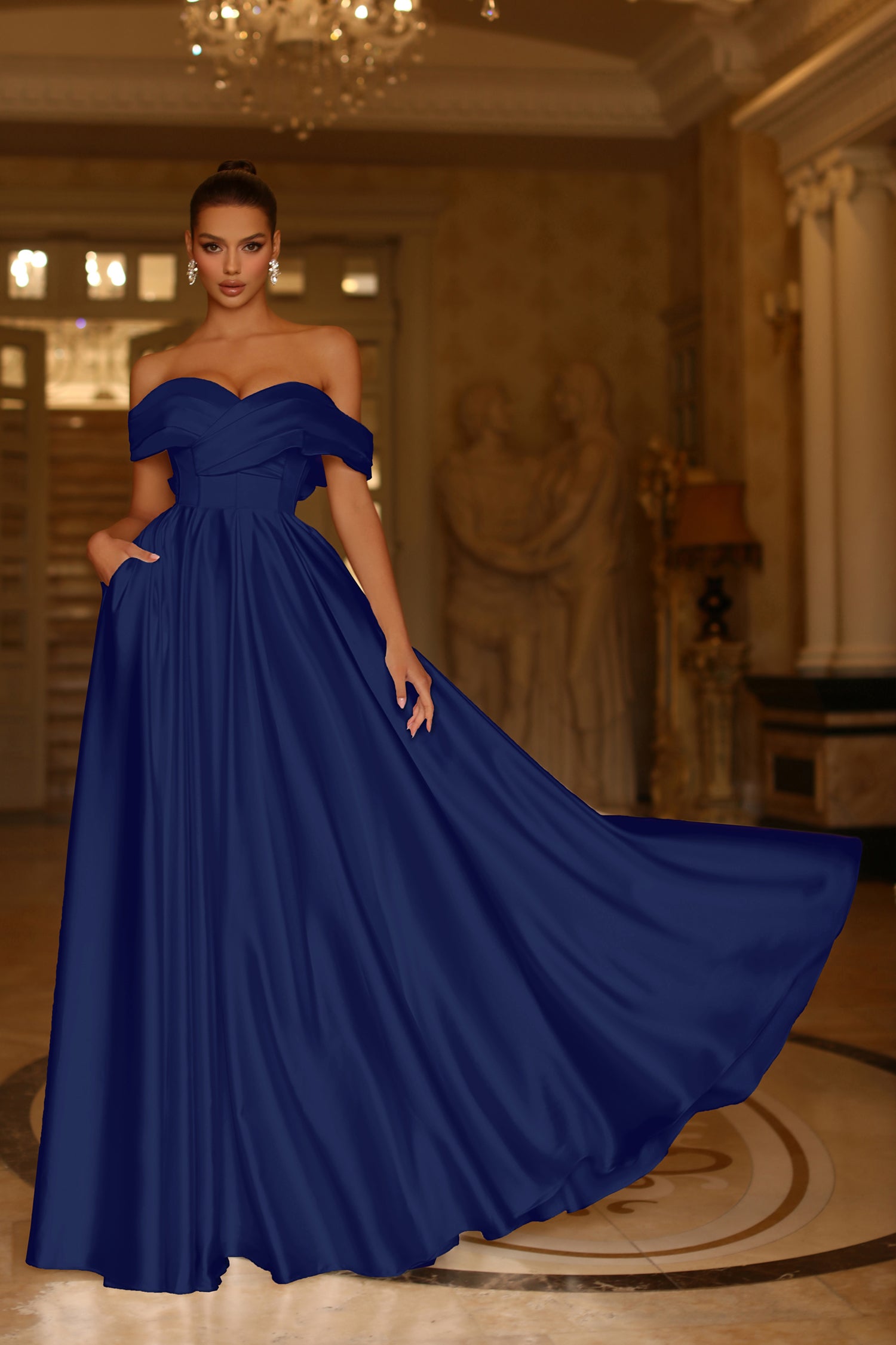 TINA HOLLY COUTURE TE207 Satin off-the-shoulder A-line formal dress with luxurious gown and flattering silhouette. Brisbane to Gold Coast.