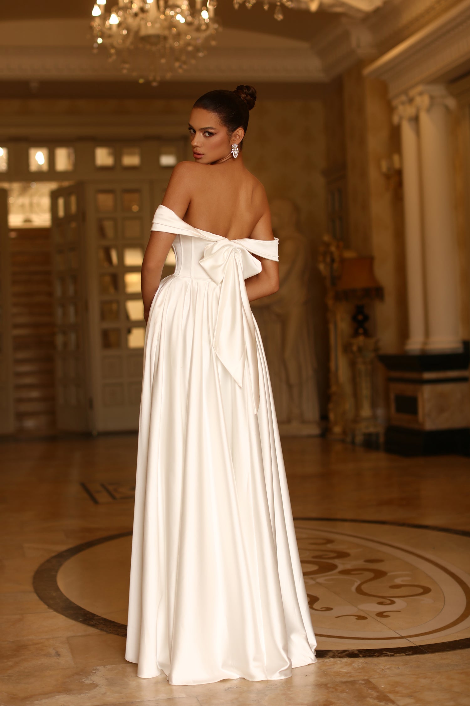 TINA HOLLY COUTURE TE207W Off White Satin Off The Shoulder A Line Formal Dress with bow detail, school formal dress, Brisbane to Gold Coast