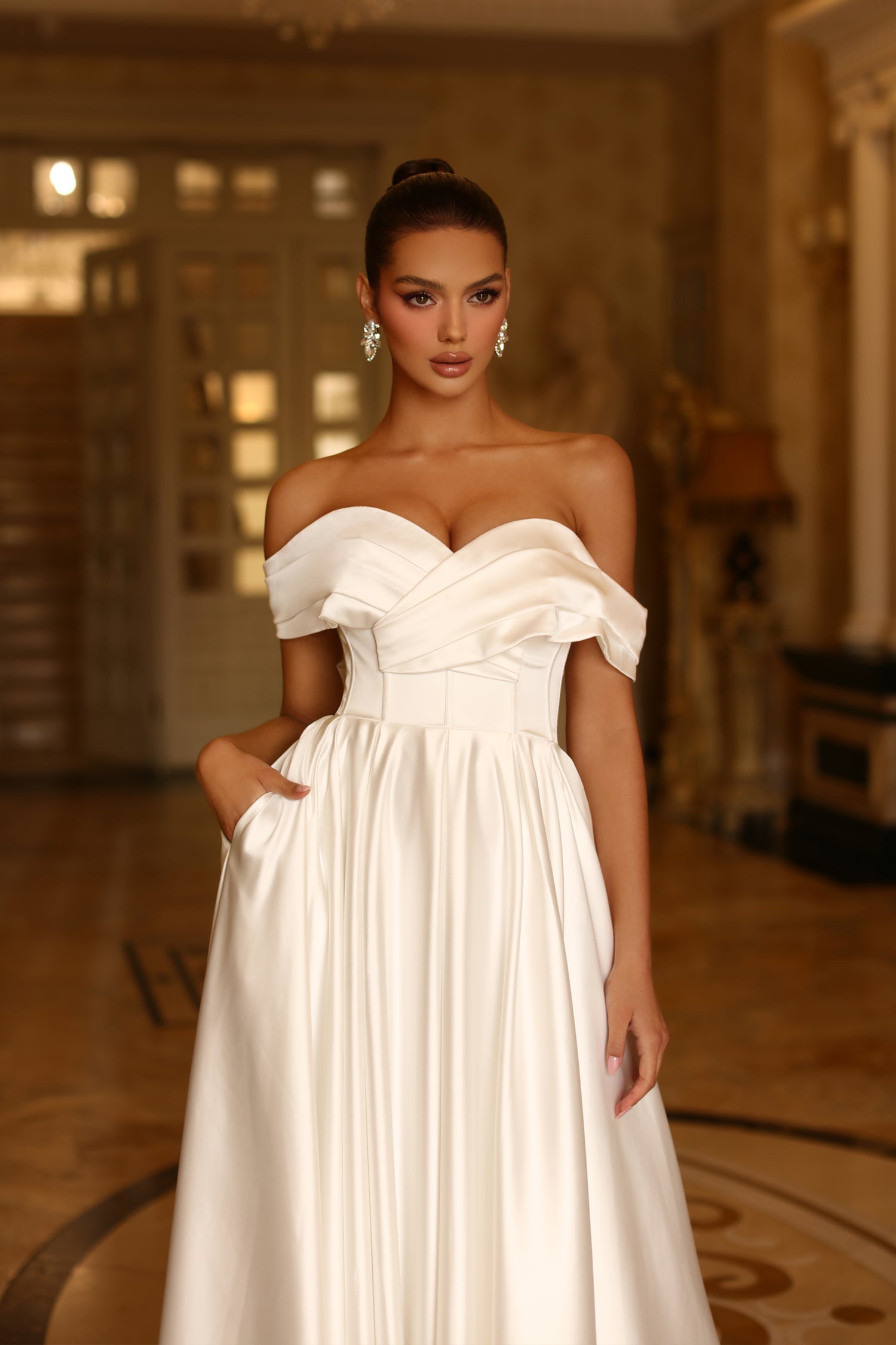 Tina Holly Couture TE207W Off White Satin Off The Shoulder A Line Formal Dress