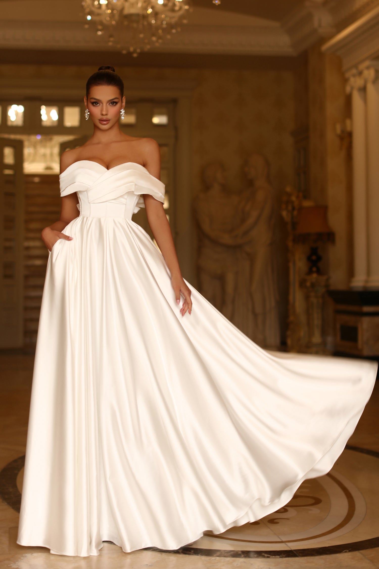 TINA HOLLY COUTURE TE207W Off white satin off-shoulder formal dress with flowing A-line cut. Ideal for proms from Brisbane to Gold Coast.