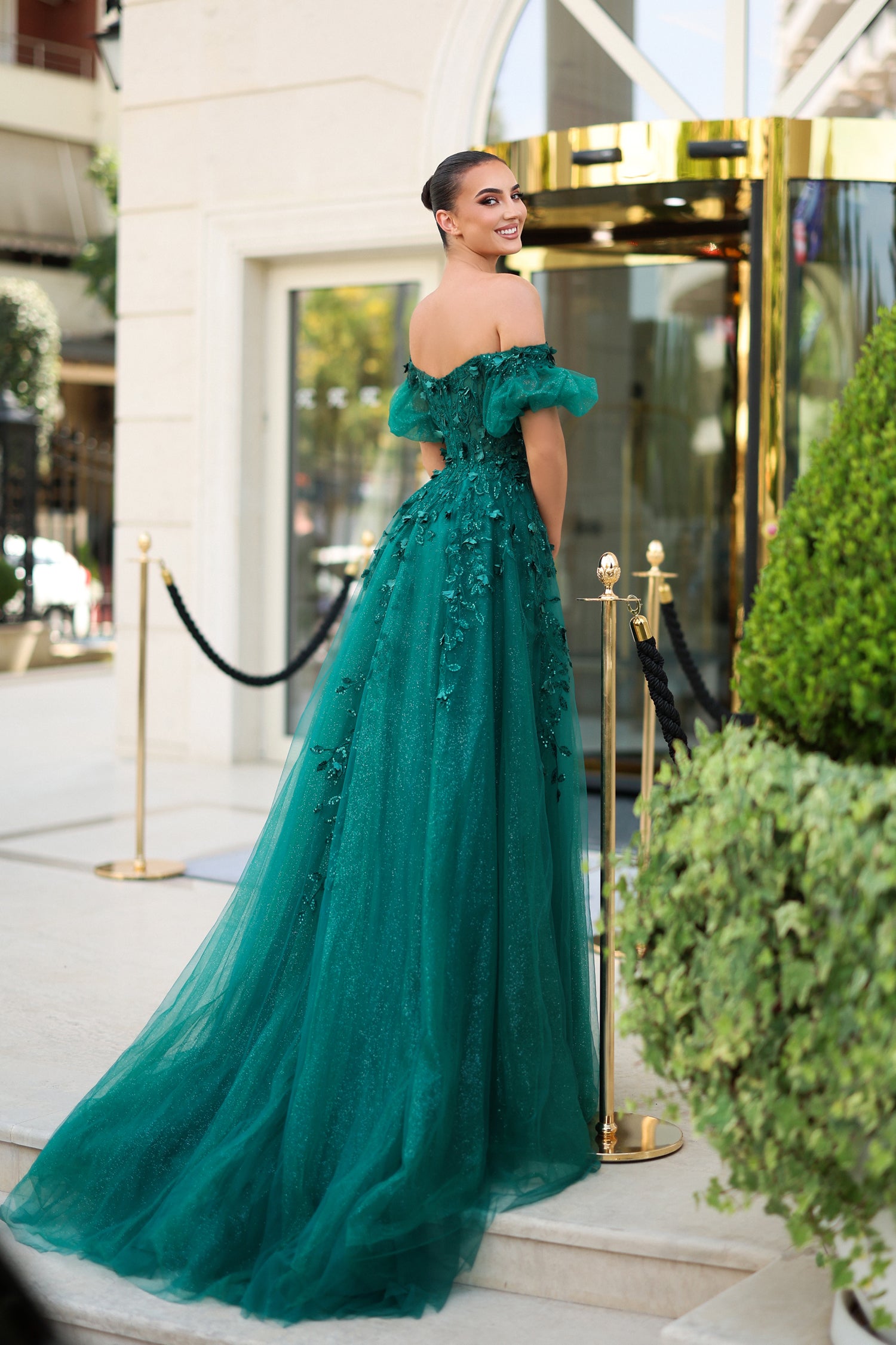 TINA HOLLY COUTURE TE231 off-shoulder green lace tulle gown with sheer sleeves, formal dress. Brisbane to Gold Coast.