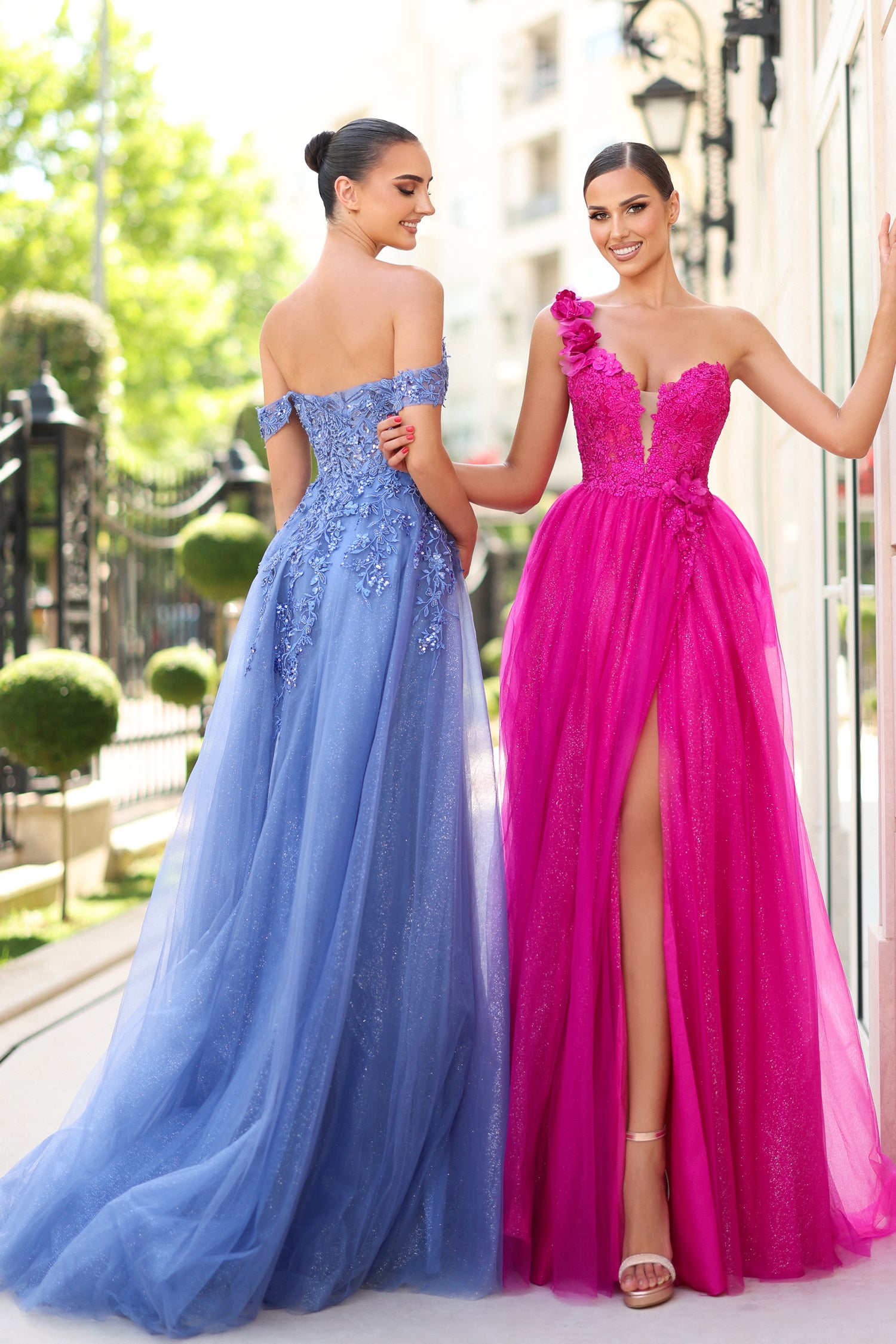 TINA HOLLY COUTURE TE232 off-shoulder blue lace prom gown and vibrant pink slit dress, Brisbane to Gold Coast, Australia.