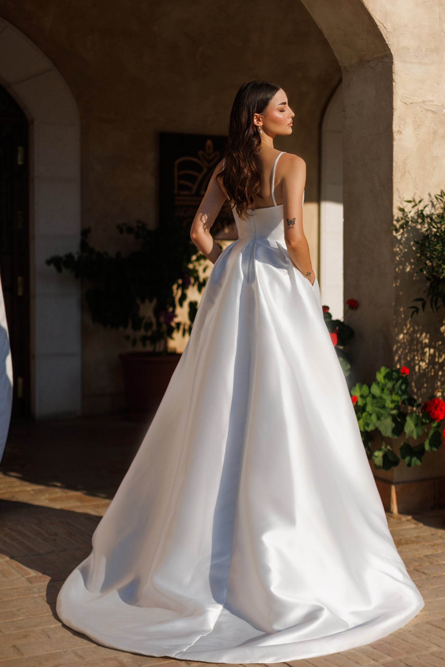 NATALIA Mikado Satin Wedding Dress with elegant bow, spaghetti straps, and square back, Brisbane to Gold Coast, Australia.