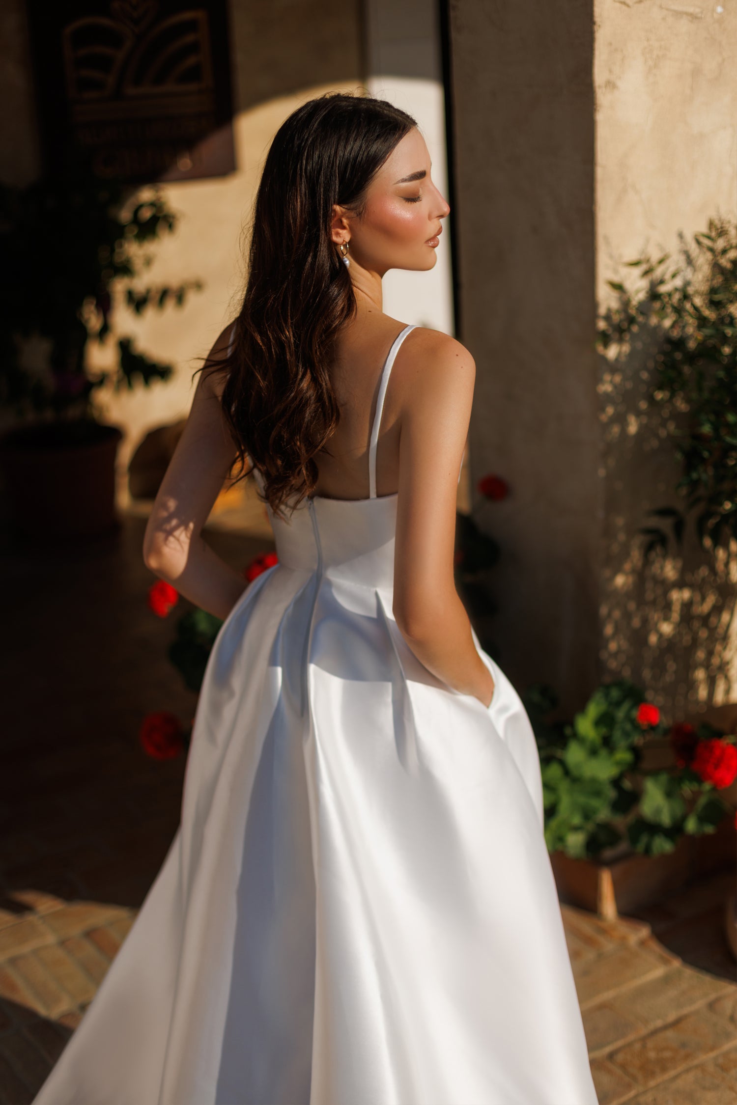 TE305 NATALIA bridal dress with satin square neckline and spaghetti straps, perfect wedding gown, Brisbane to Gold Coast