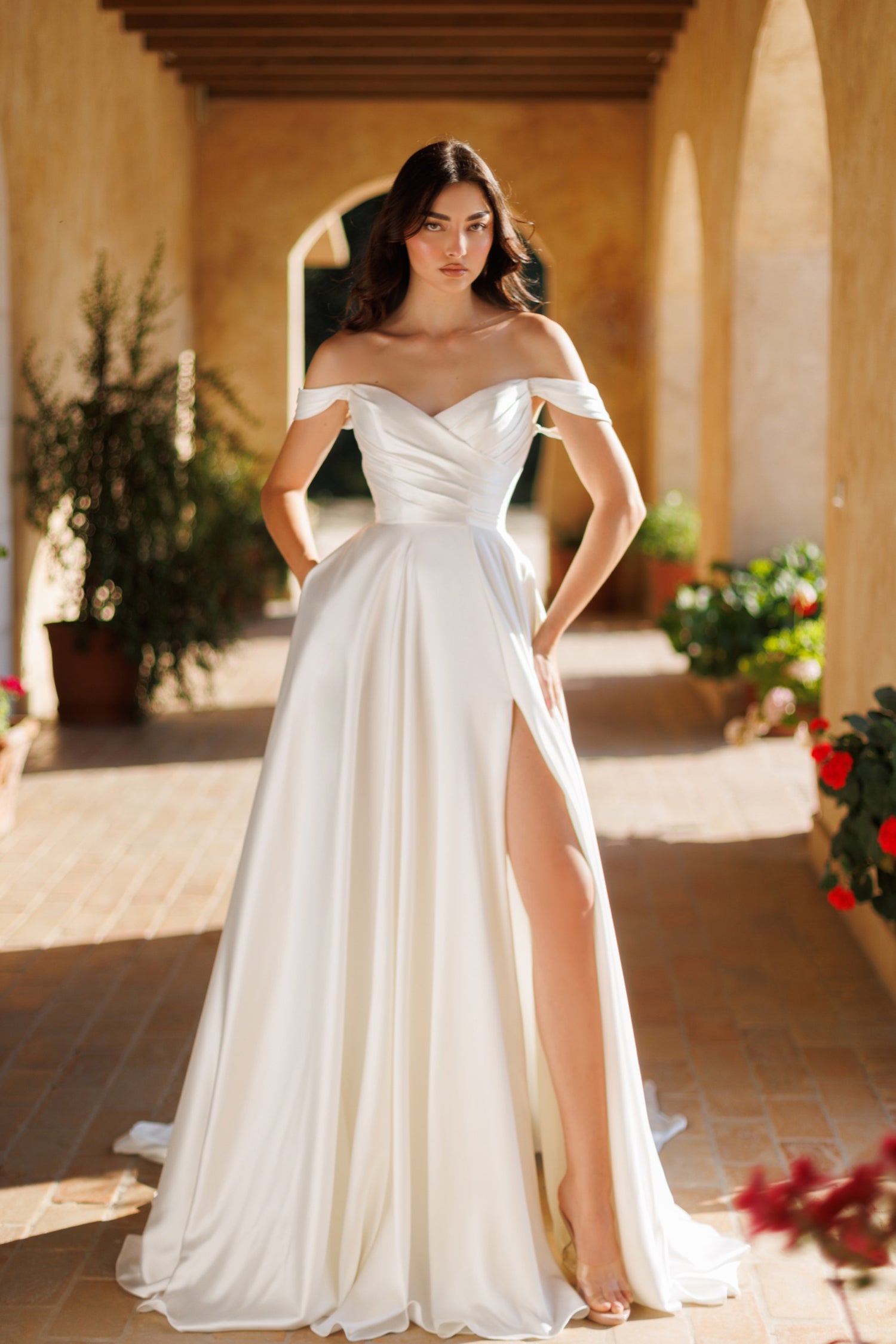 SOPHIA Satin A Line Wedding Dress with off-shoulder sleeves and pleated bodice, Brisbane to Gold Coast, Australia.
