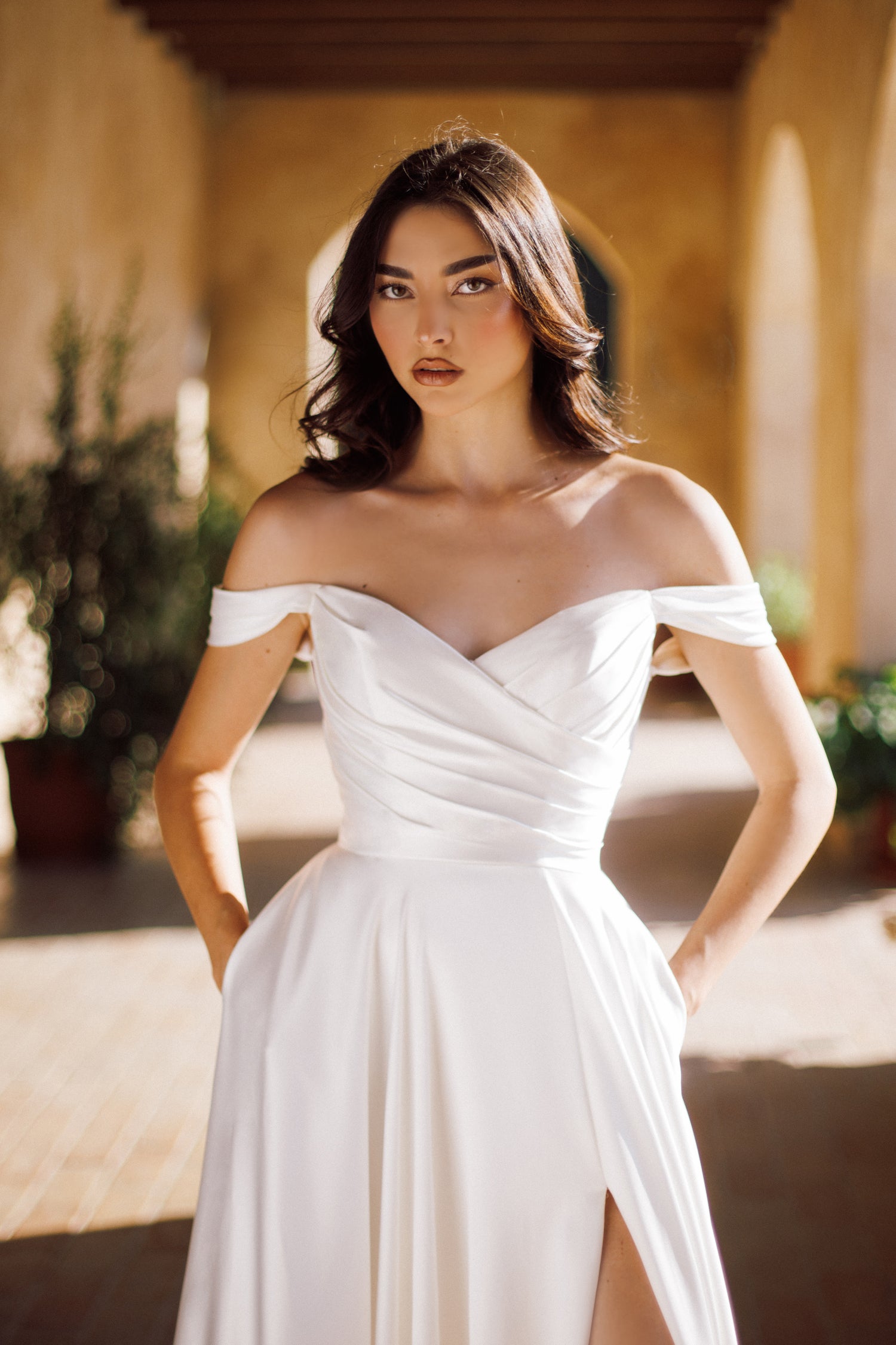 TE565 SOPHIA off-shoulder satin wedding dress with pleated bodice, elegant A-line for brides, Brisbane to Gold Coast
