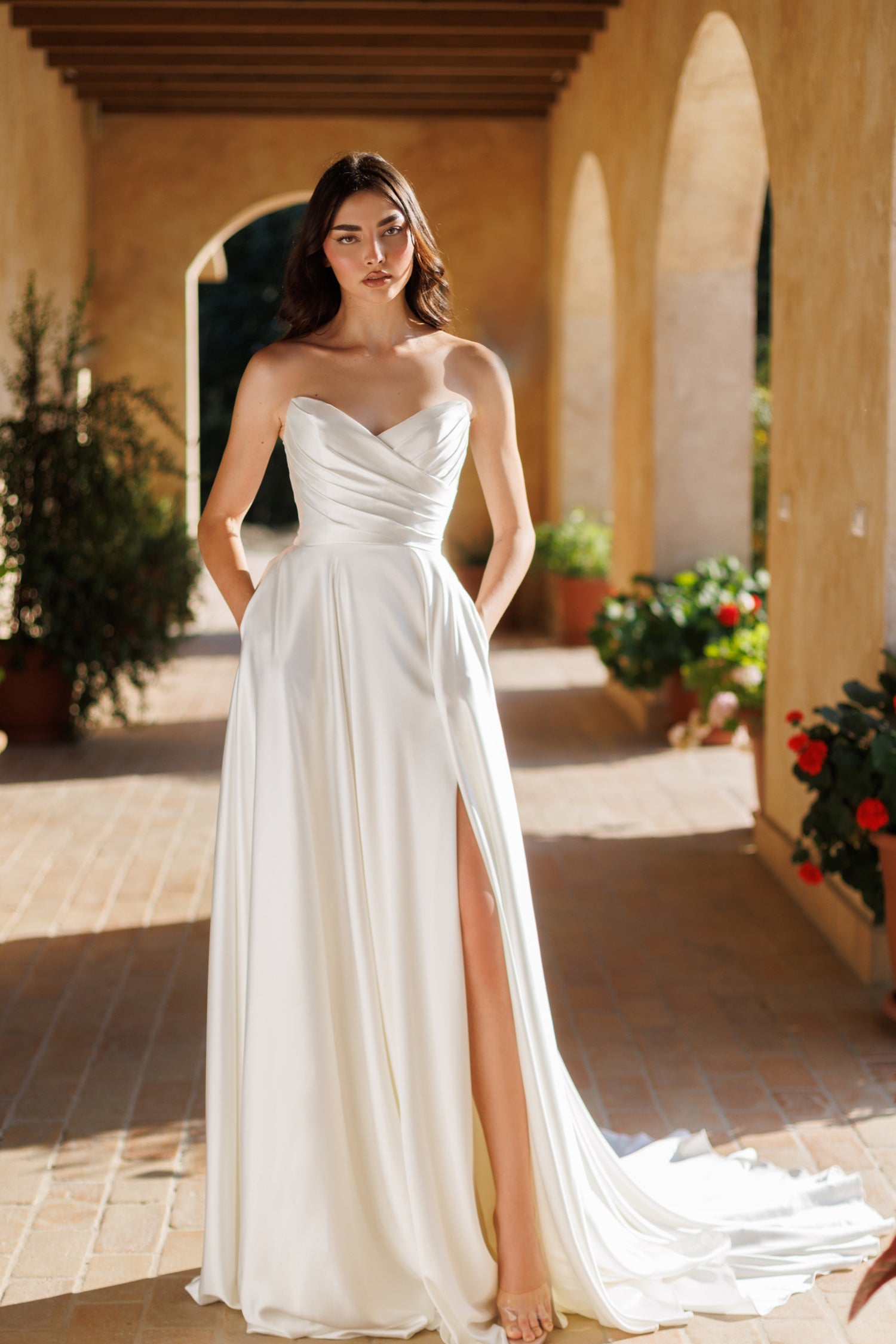 TINA HOLLY COUTURE TE565 SOPHIA Bridal Dress, satin off-the-shoulder A-line with pleated bodice, timeless elegance, Brisbane to Gold Coast.