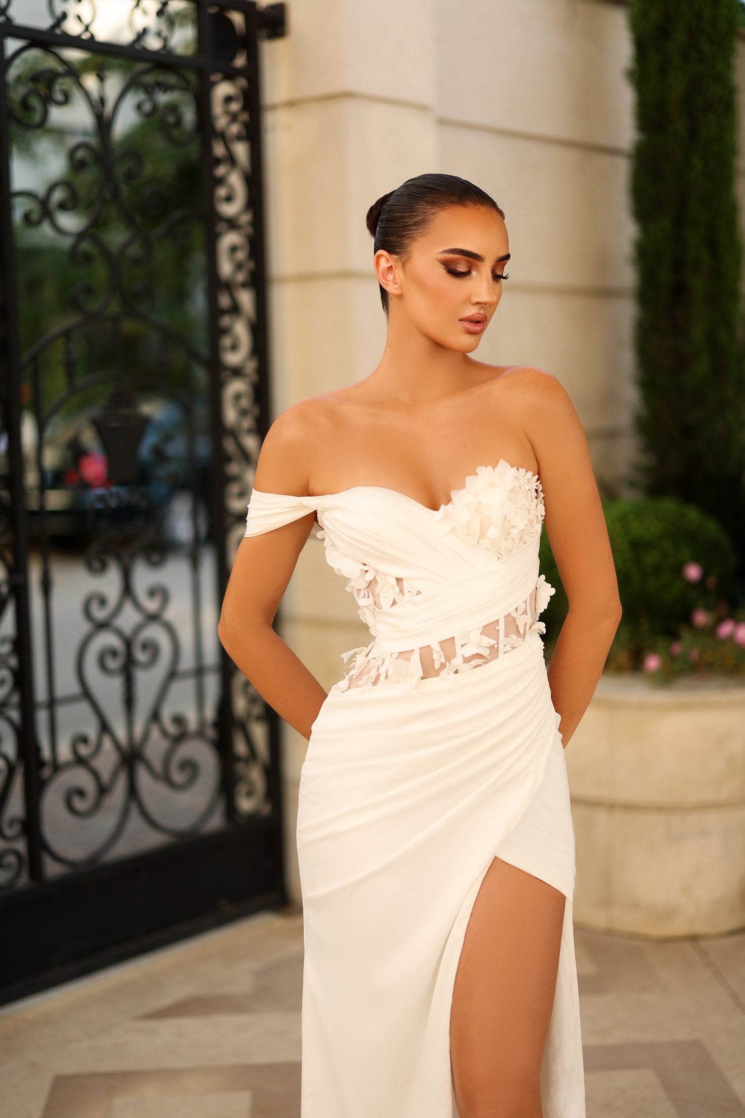 TINA HOLLY COUTURE TE829 ELENA strapless wedding dress, embroidered lace bodice, open back, for brides Brisbane to Gold Coast