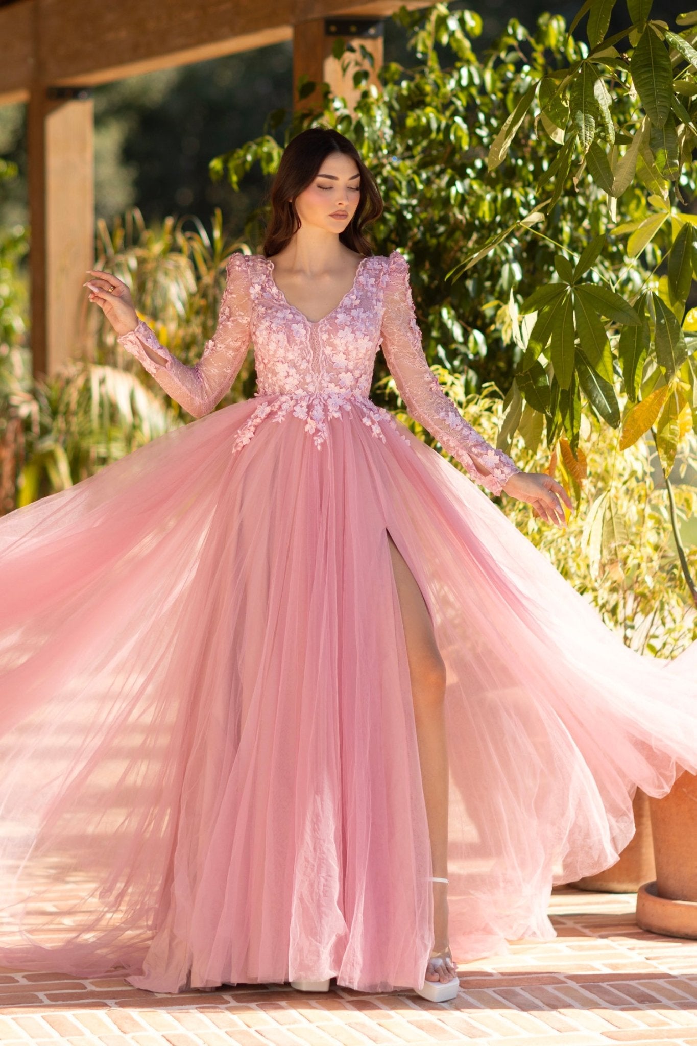 Tina Holly TF318F Long Sleeve 3D Lace Tulle Prom Dress One Honey