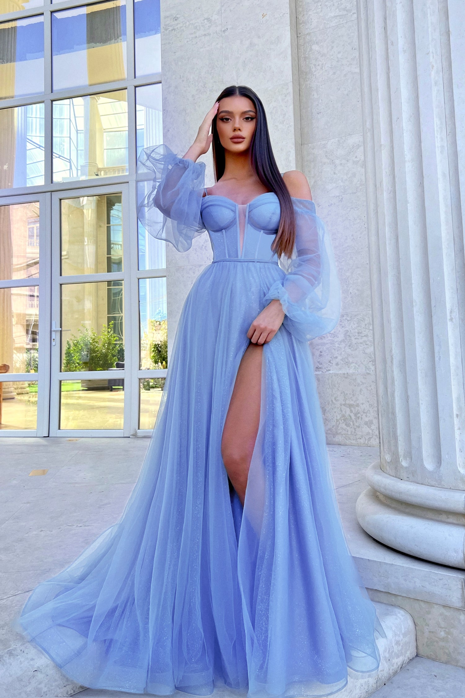 TINA HOLLY COUTURE TK130 Blue tulle ball gown with sweetheart neckline and leg slit, formal dress for events, Brisbane to Gold Coast.