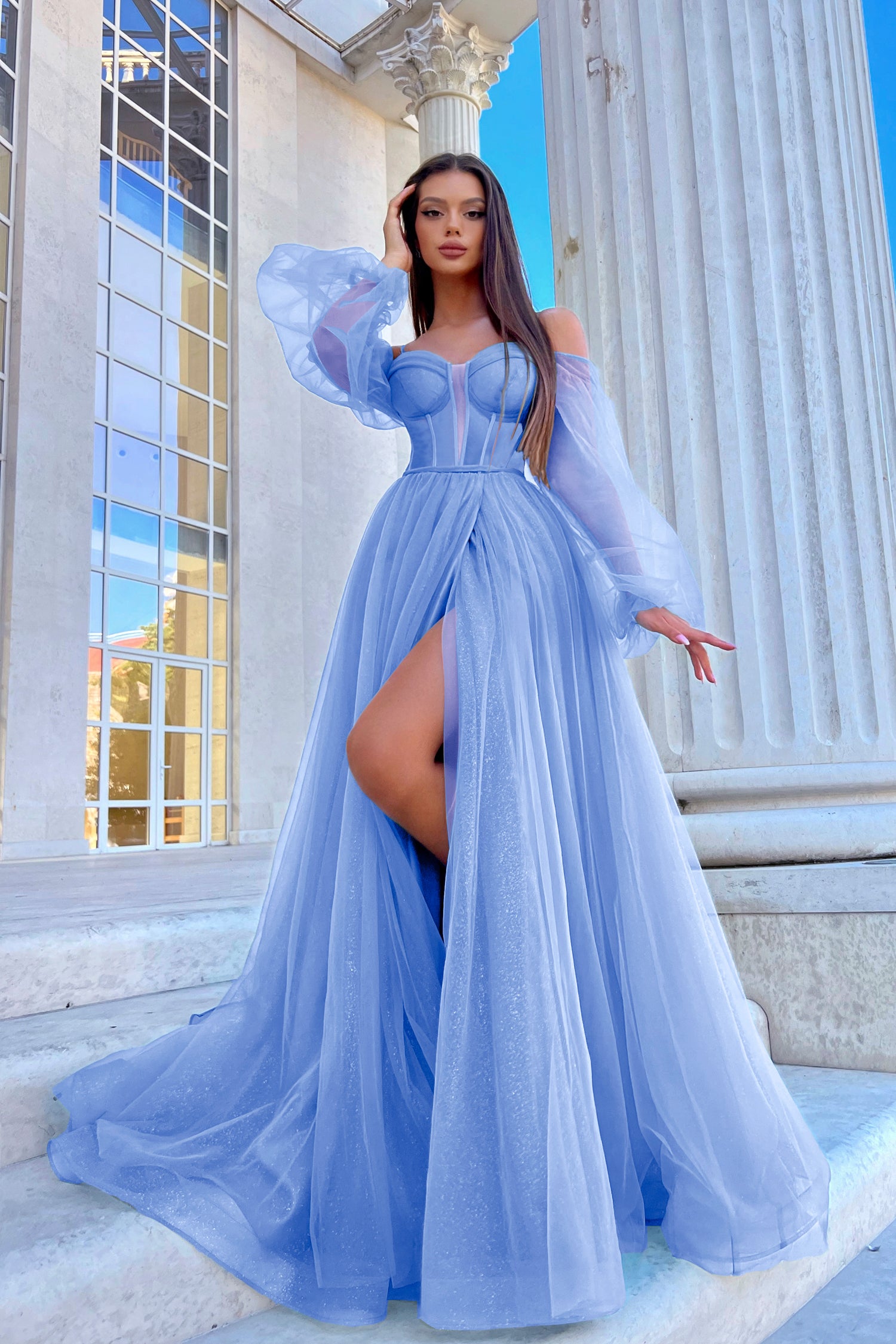 TINA HOLLY COUTURE TK130 blue long sleeve ball gown with sweetheart neckline and leg split, formal dress Brisbane to Gold Coast Australia