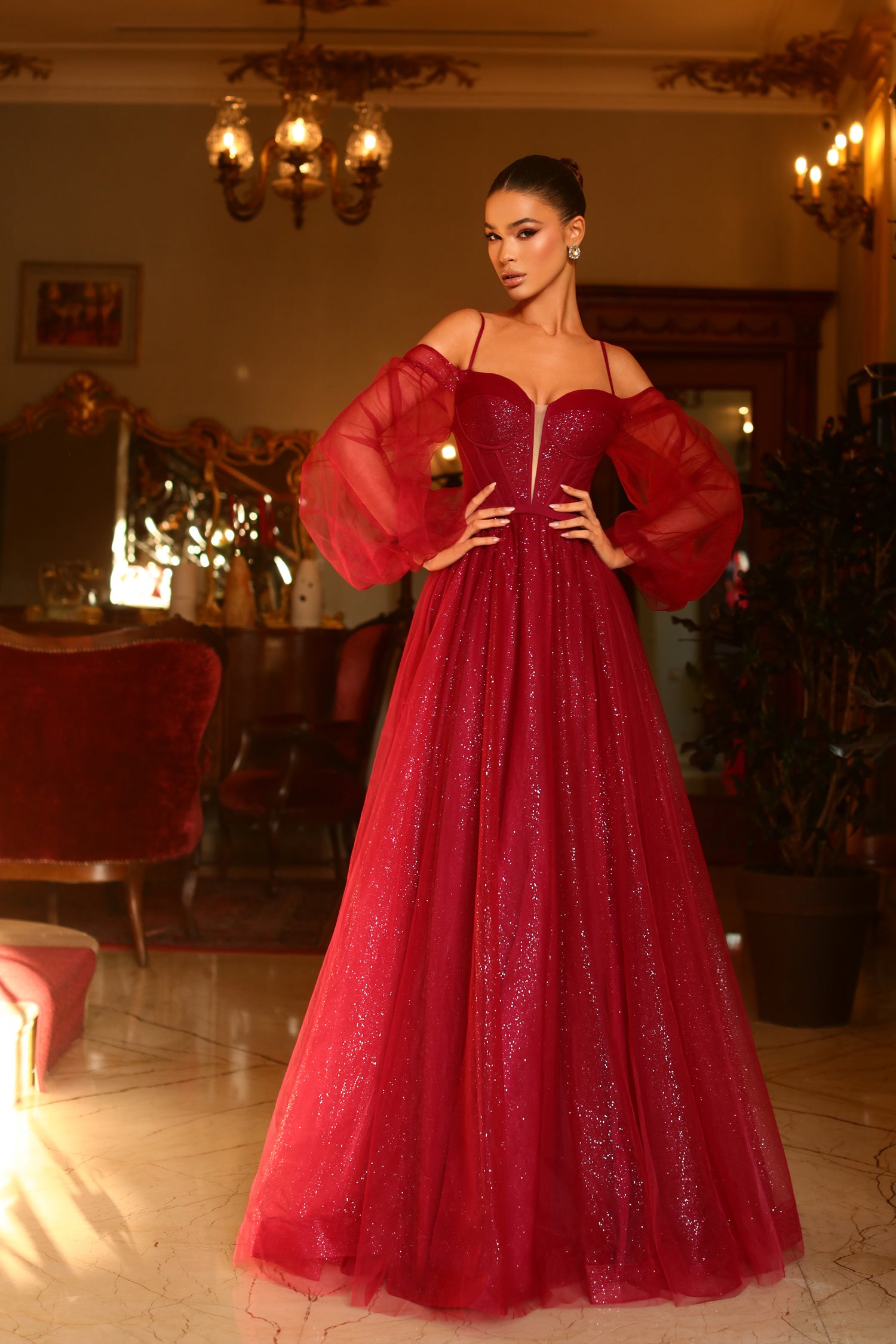 TINA HOLLY COUTURE TK130 glittery long sleeve ball gown with sweetheart neckline, prom dress from Brisbane to Gold Coast.