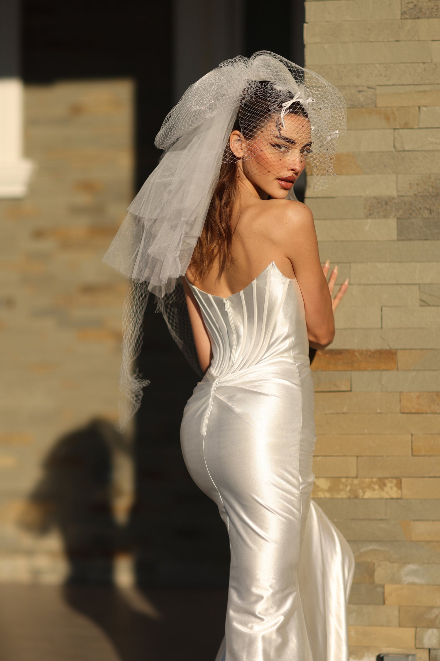 TINA HOLLY COUTURE TK151 off white satin mermaid bridal formal dress with bum scrunch, strapless style - Brisbane to Gold Coast.