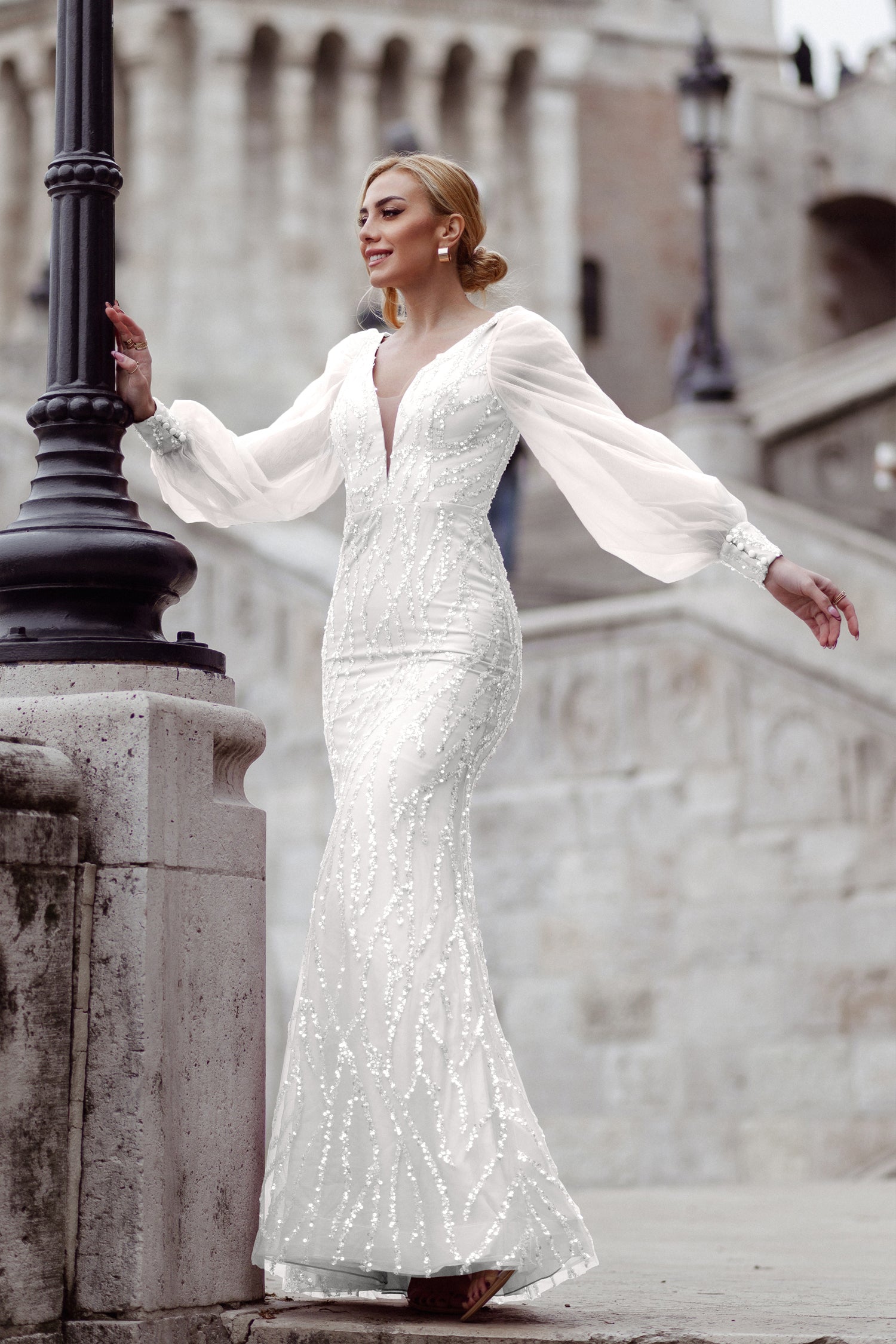 TINA HOLLY COUTURE TK209 Off White Mermaid Formal Dress with Sheer Sleeves, Deep V Neckline, School Formal Dress, Brisbane to Gold Coast