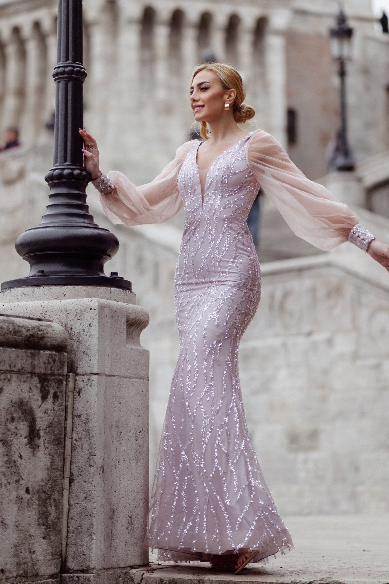 Tina Holly TK807 Blush Beaded Lace Mermaid Dress with Tulle Skirt