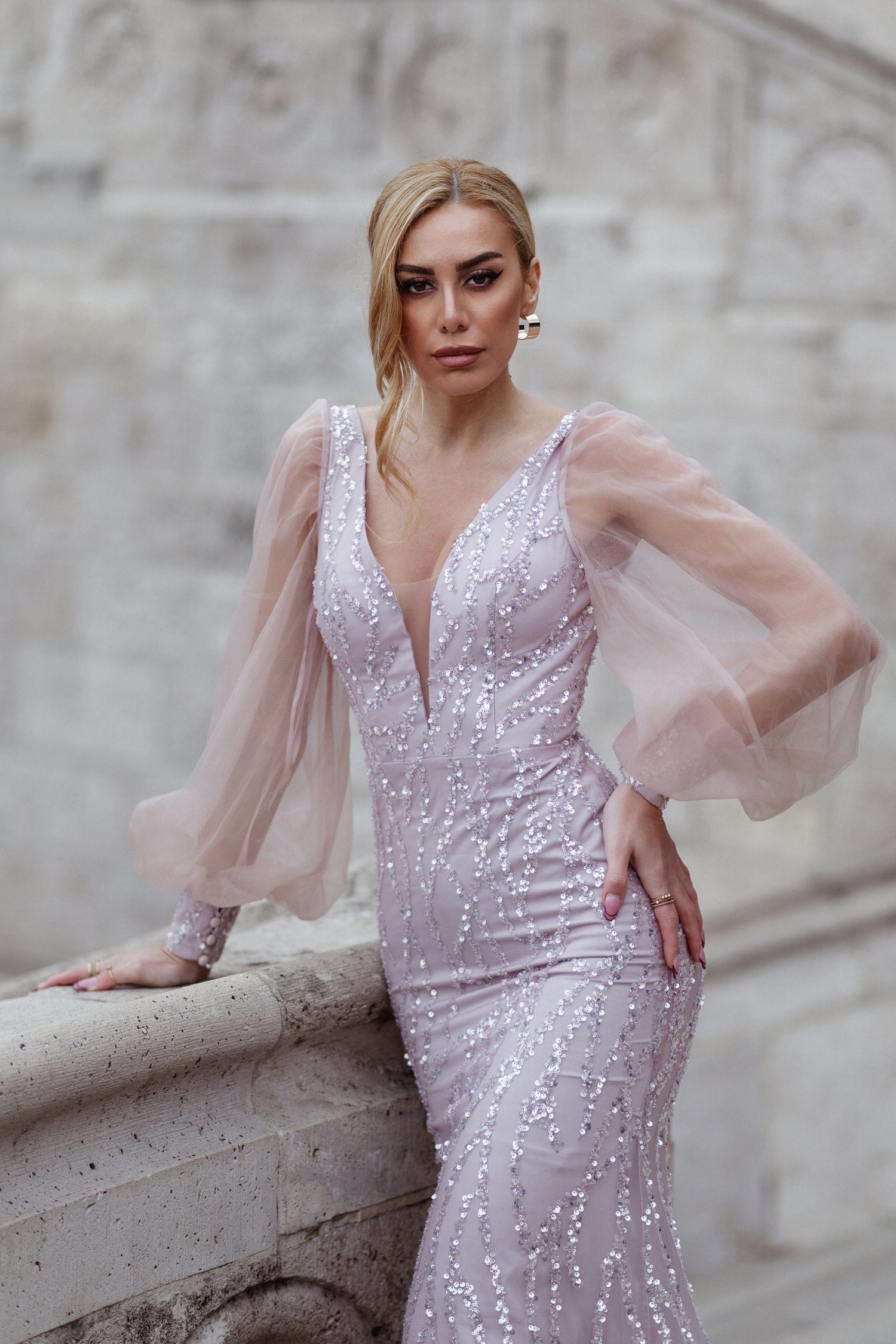 TINA HOLLY COUTURE TK209 sequin long sleeve mermaid formal dress, deep V neckline, Brisbane to Gold Coast, Australia.