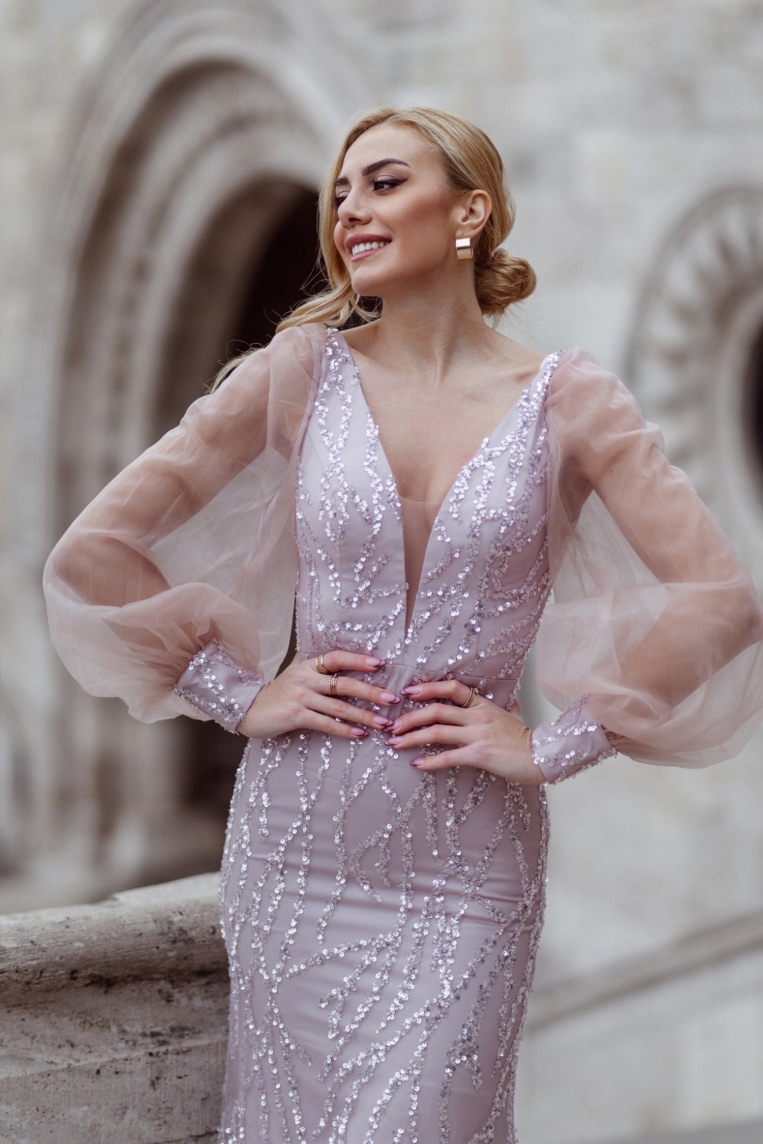 TINA HOLLY COUTURE TK209 stunning mermaid formal dress with deep V neckline and sheer long sleeves, formal gown Brisbane to Gold Coast