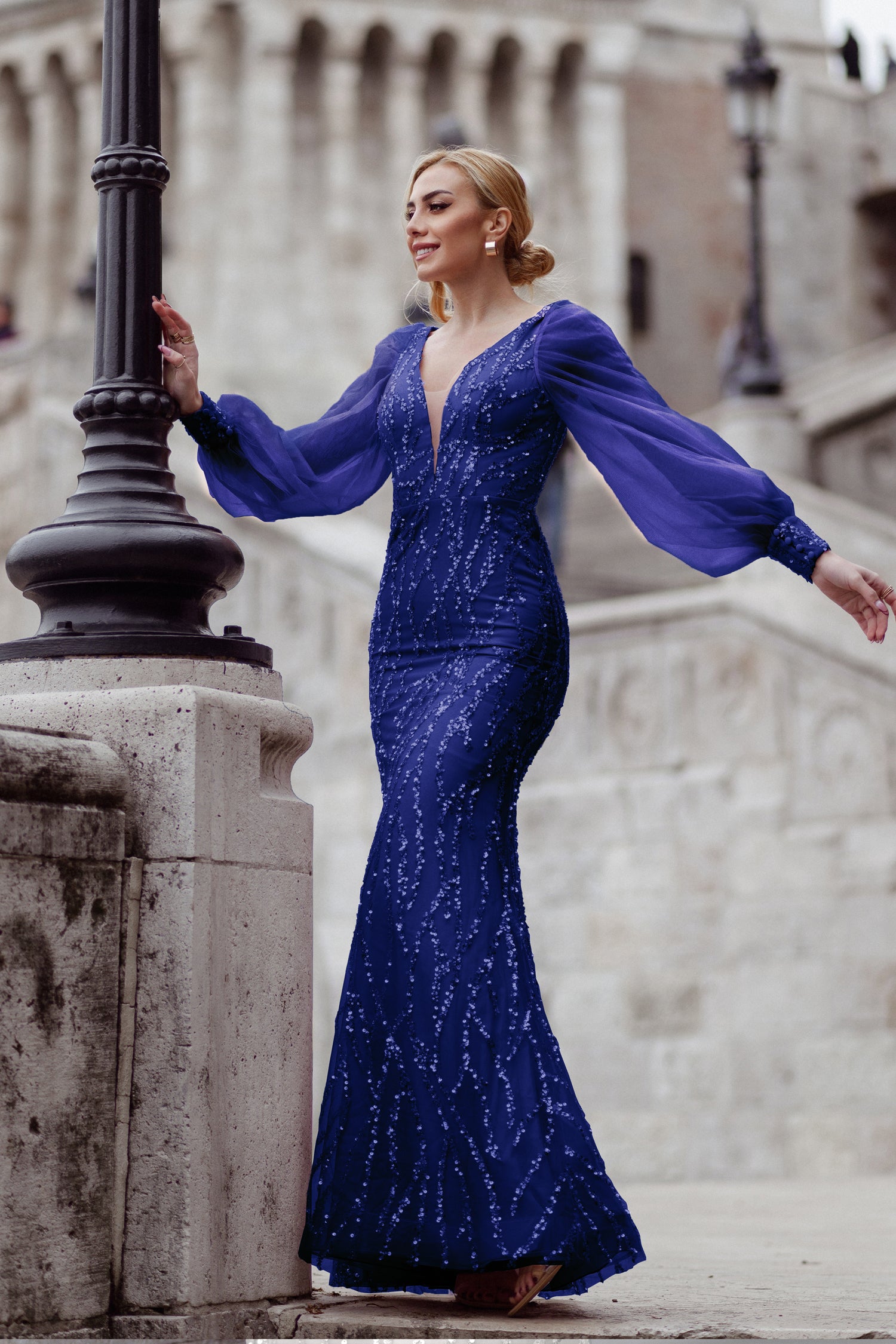 Tina Holly Couture TK209 Blue Violet Long Sleeve Mermaid Formal Dress
