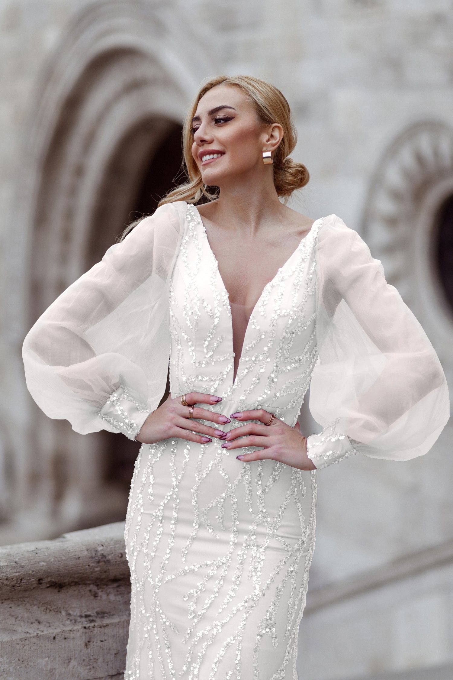 TINA HOLLY COUTURE TK209 Off White Dress with Puffy Sleeves, Mermaid Formal Dress, Long Sleeves, Deep V-neckline, Brisbane to Gold Coast