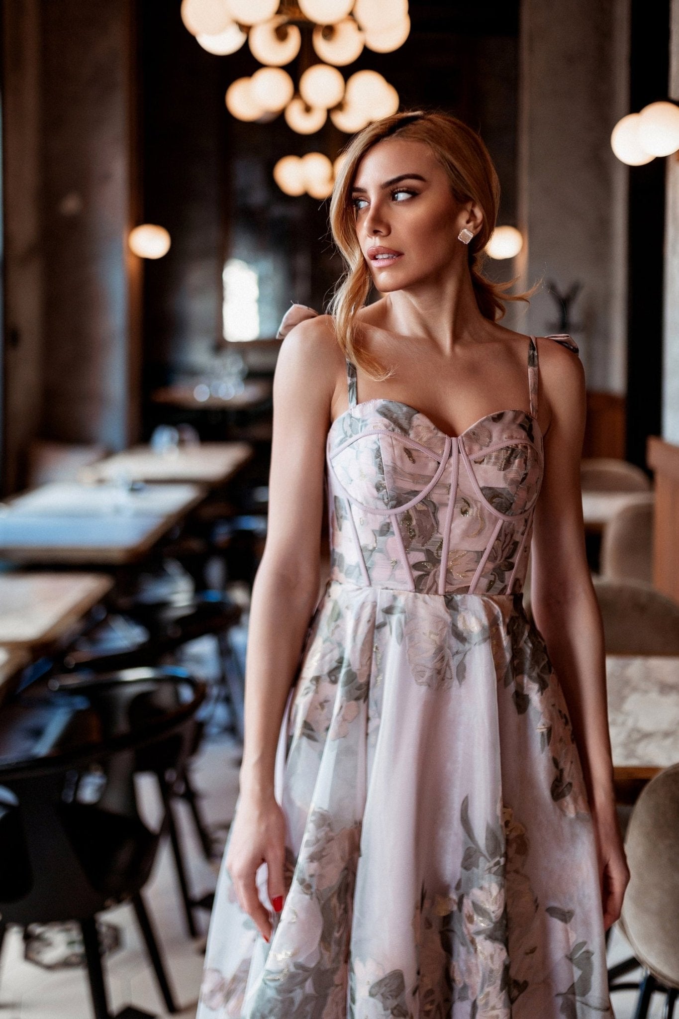 Tina Holly Couture TK210 Floral Pink Patterned Bustier Ball Gown Formal Dress in Australia | One Honey Boutique