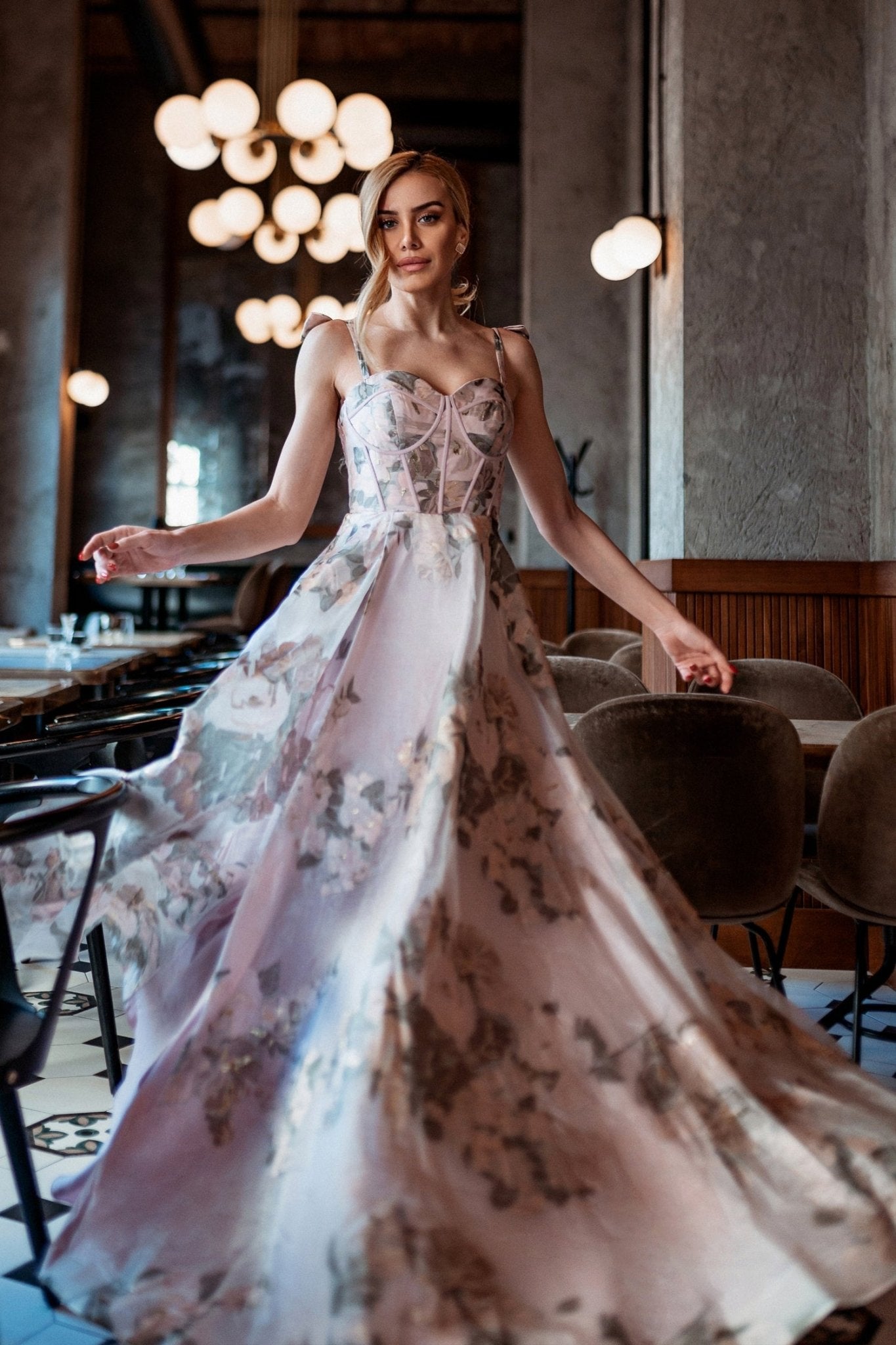 Tina Holly Couture TK210 Floral Pink Patterned Bustier Ball Gown Formal Dress in Australia | One Honey Boutique