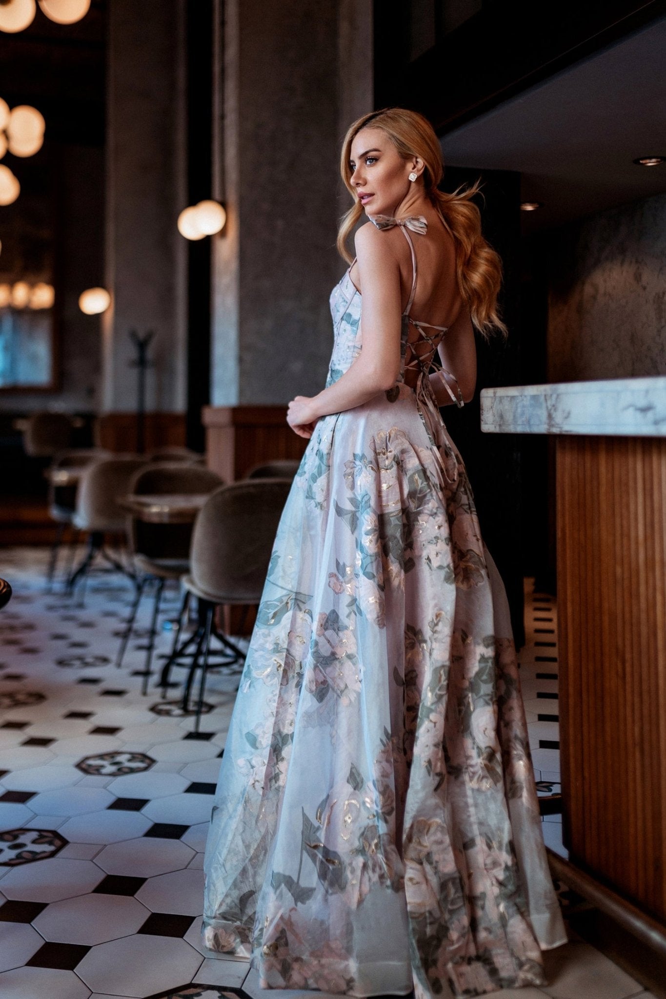 Tina Holly Couture TK210 Floral Pink Patterned Bustier Ball Gown Formal Dress in Australia | One Honey Boutique