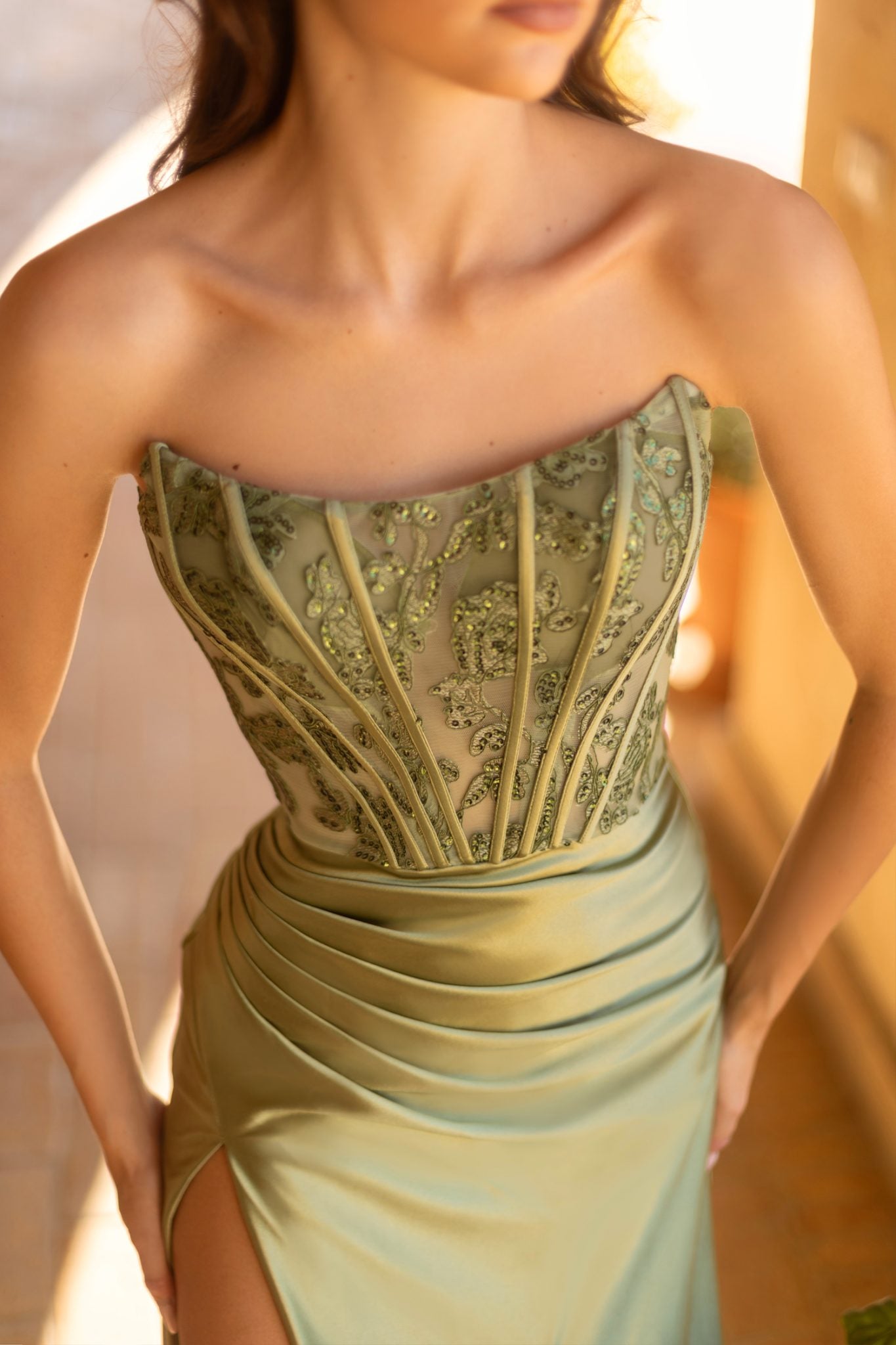 TINA HOLLY COUTURE TK551 strapless lace corset satin mermaid prom gown, intricate 3D detailing, Brisbane to Gold Coast