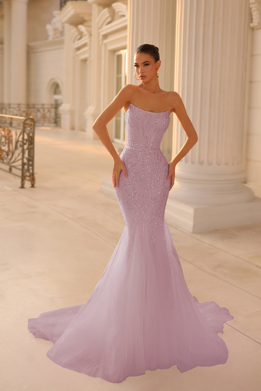 TINA HOLLY COUTURE TK807 Lavender Strapless Beaded Lace Trumpet Prom Gown Brisbane to Gold Coast