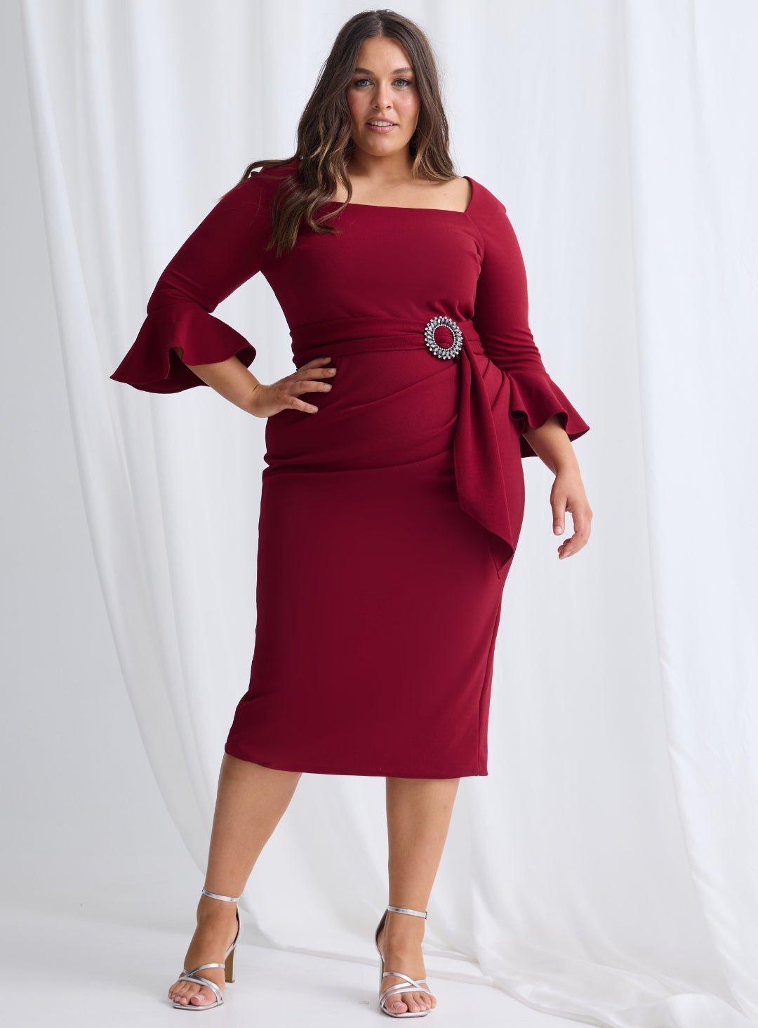 Trellis Lane NANCY Square Neck Ruched Long Sleeve Midi Dress in Australia | One Honey Boutique