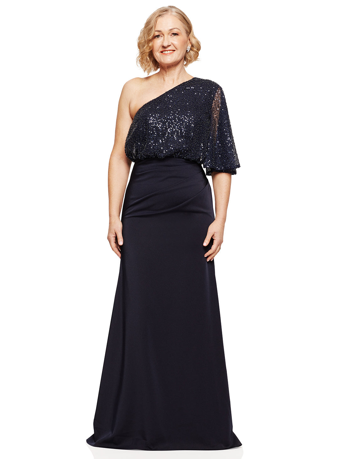 Trellis Lane COLLEEN One Shoulder Draped Sash Fitted Evening Gown