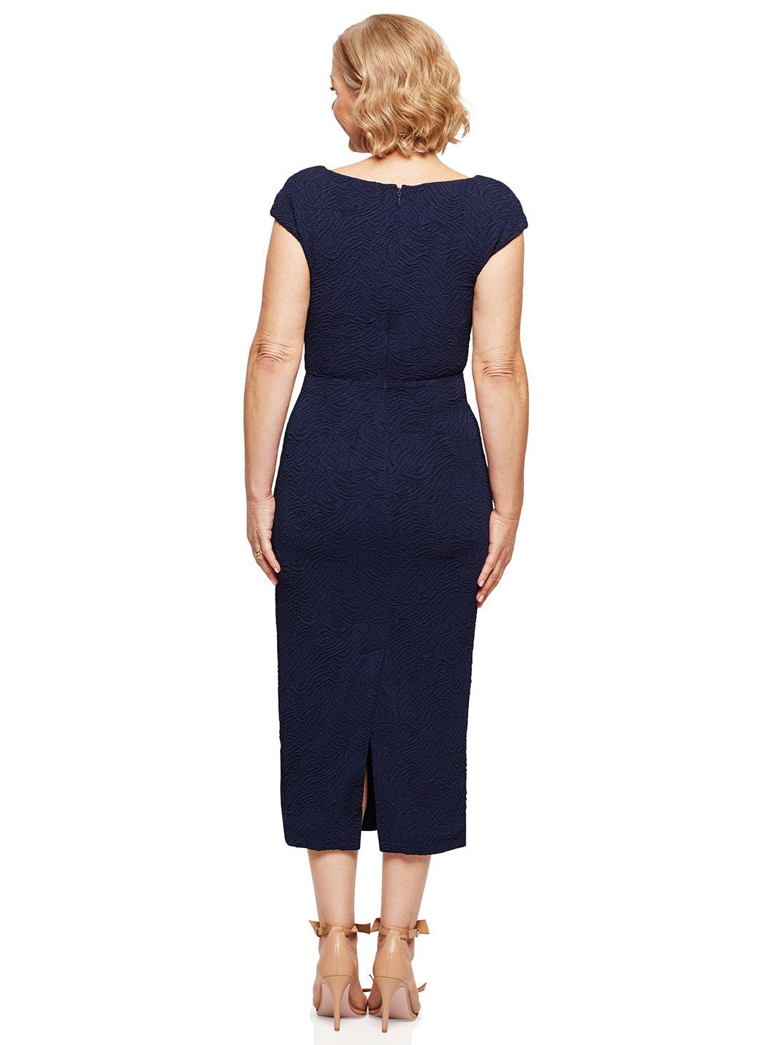 Trellis Lane BAILEY Beaded Mesh Fitted Midi Cocktail Dress Navy in Australia | One Honey Boutique
