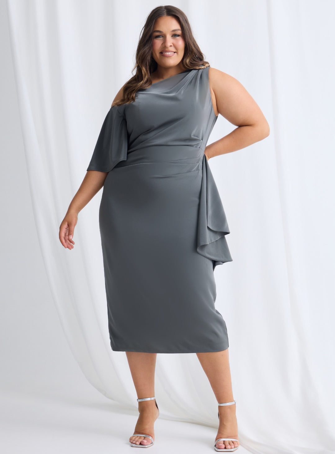 Trellis Lane MISHY Draped Satin Low-Back Midi Cocktail Dress