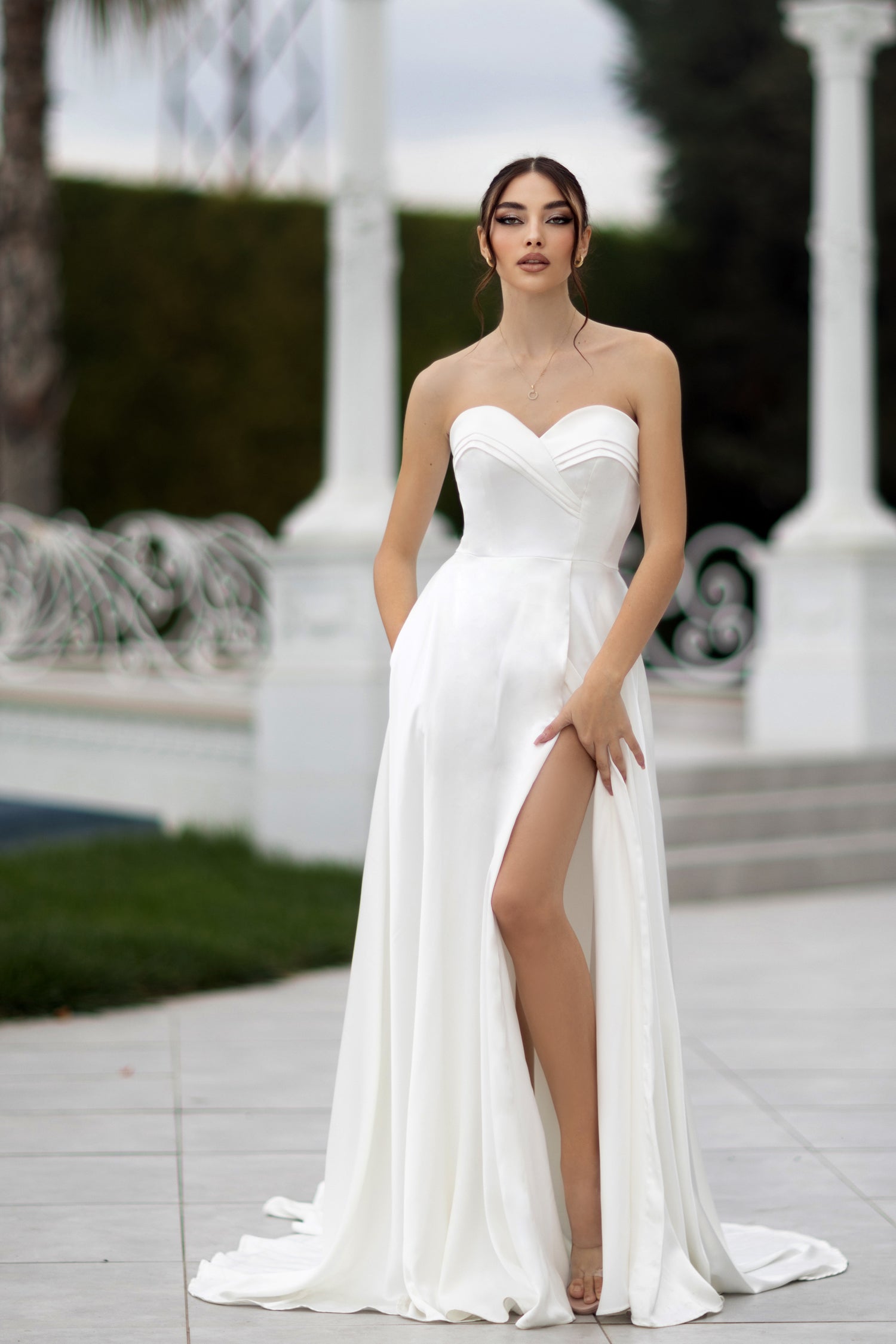 TINA HOLLY COUTURE TW105 off white satin strapless ball gown, sweetheart neckline, leg split, bridal dress from Brisbane to Gold Coast.