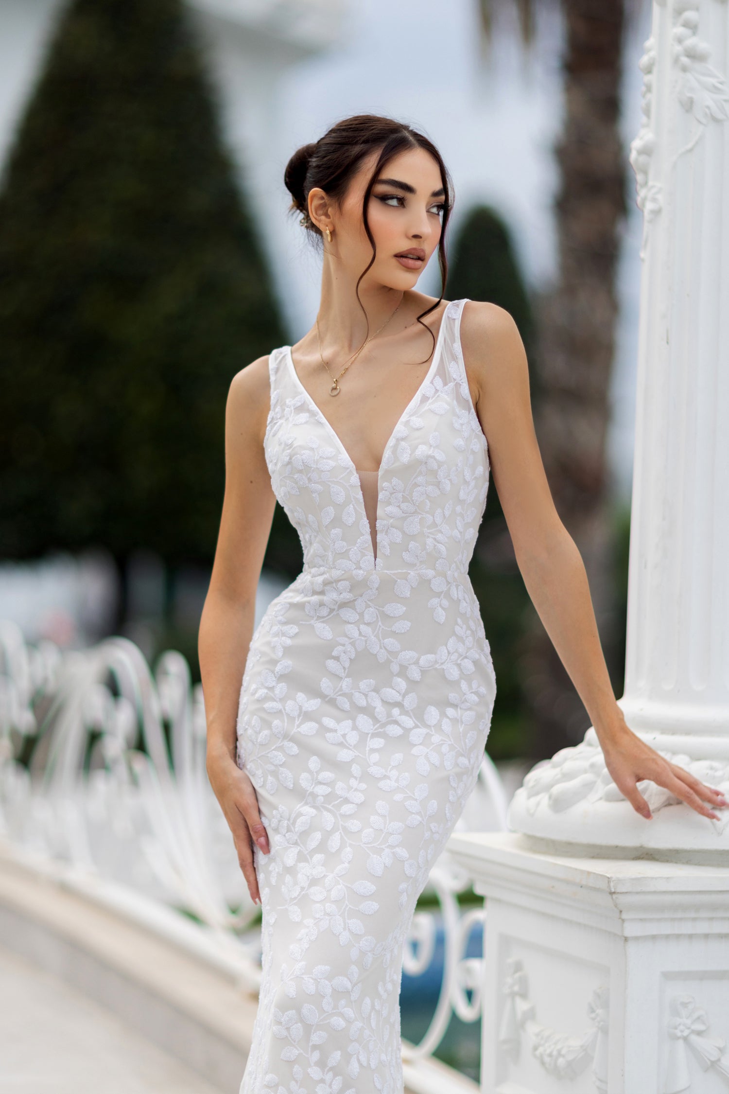 TINA HOLLY COUTURE TW108 white sequin mermaid bridal dress with leaf embroidery, V neckline, thick straps, Brisbane to Gold Coast, Australia