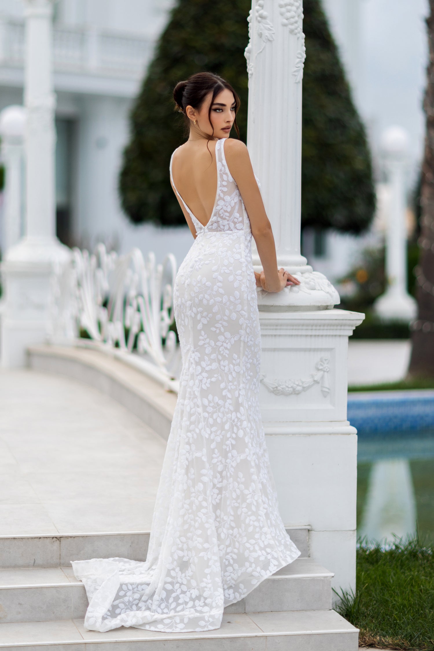 TINA HOLLY COUTURE TW108 White sequin mermaid bridal dress with train, V neckline, perfect for formal events, Brisbane to Gold Coast.