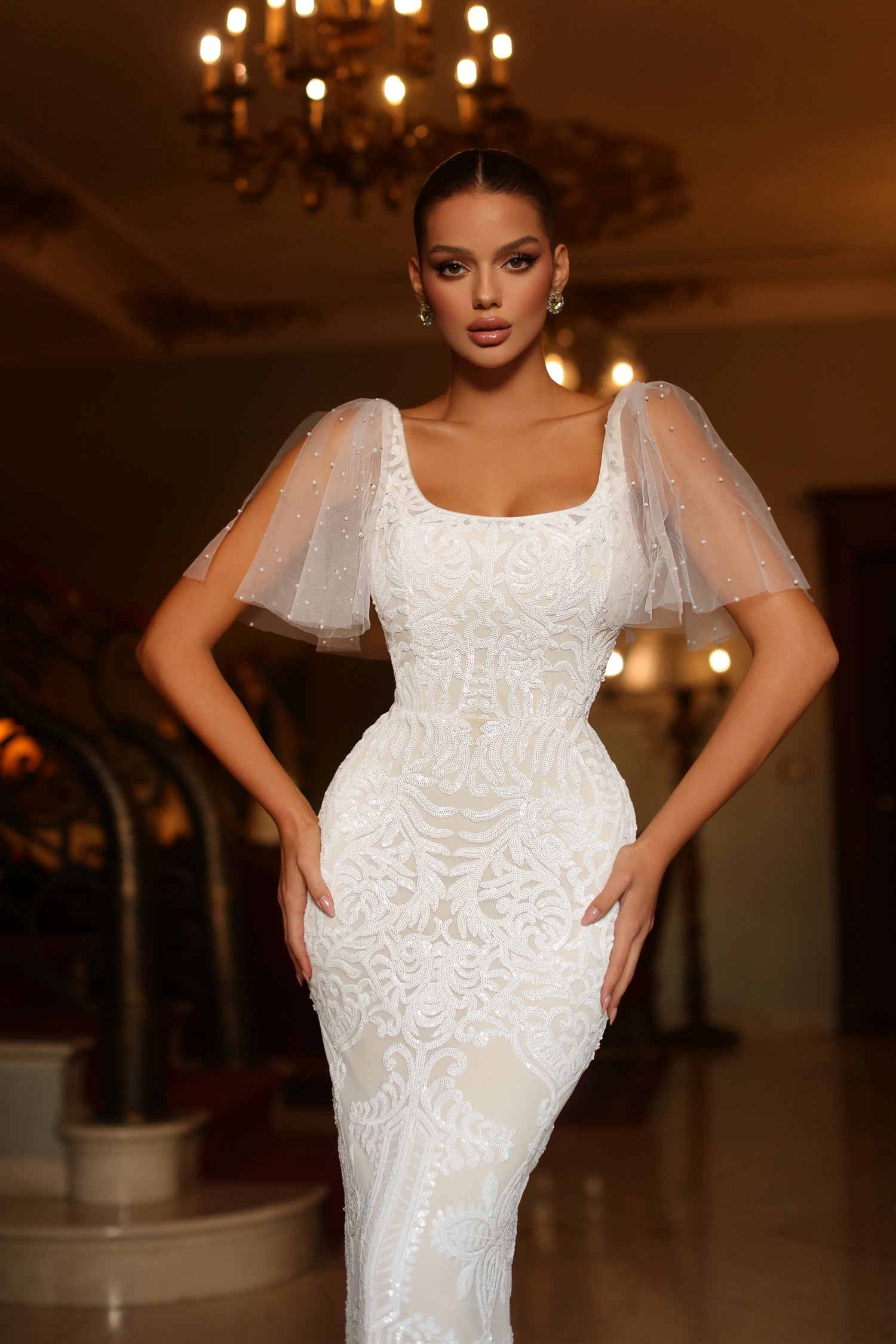 TINA HOLLY COUTURE TW111 White Nude Sequin Mermaid Bridal Dress with Removable Pearl Sleeves, square neckline, Brisbane to Gold Coast