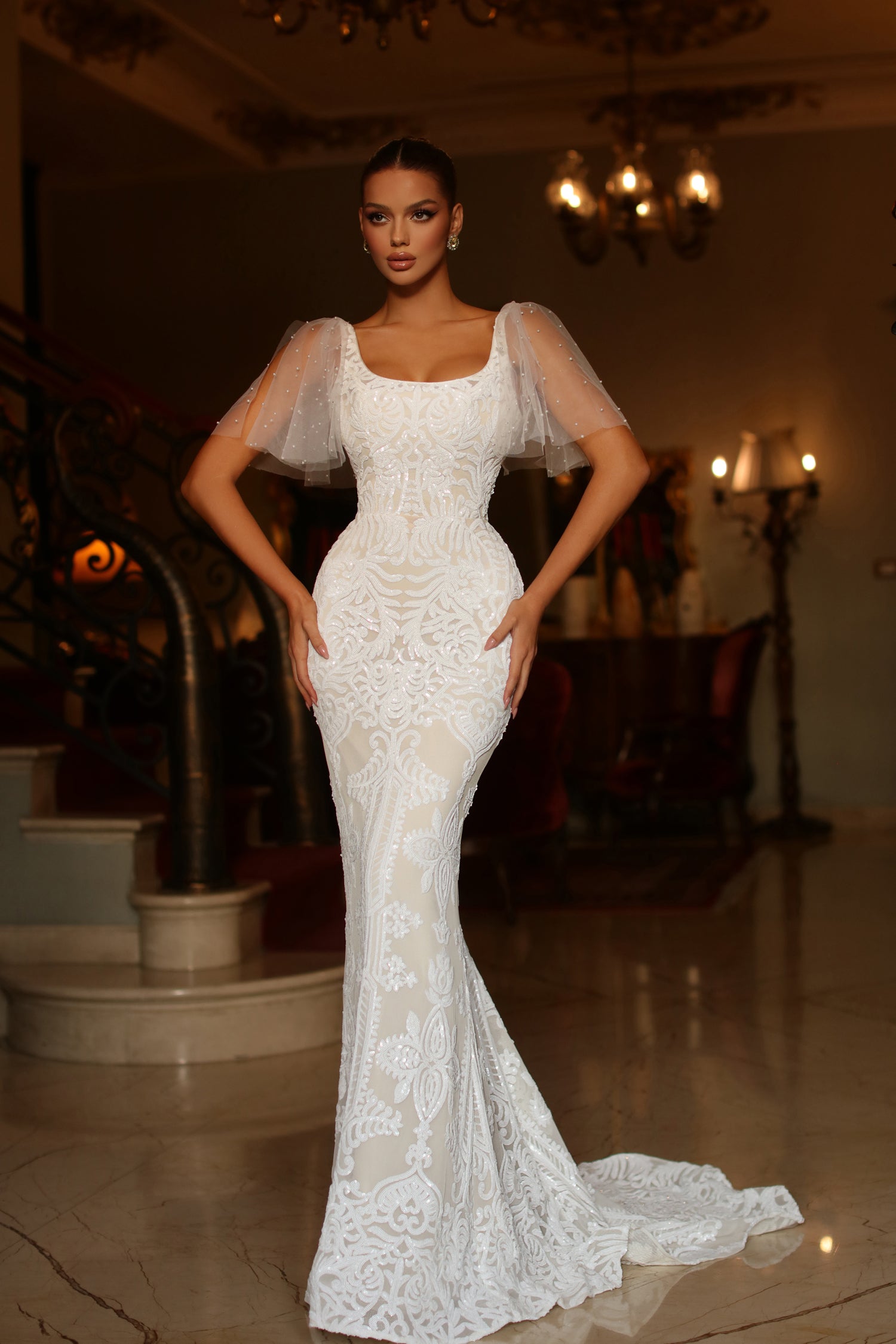 Tina Holly Couture TW111 White and Nude Sequin Mermaid Removable Sleeve Bridal Formal Dress