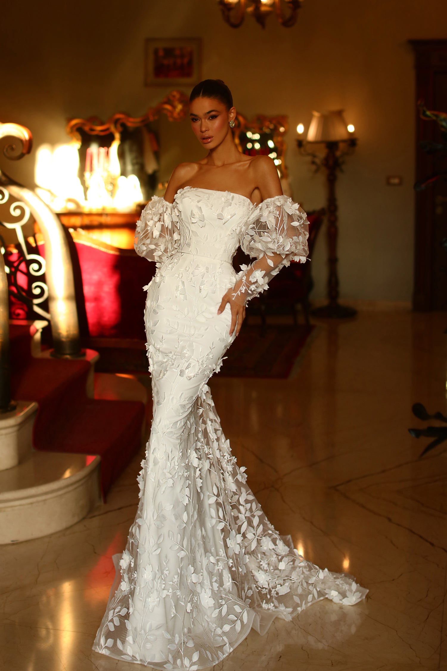 TINA HOLLY COUTURE TW121W off white strapless mermaid bridal dress with puff sleeves, 3D lace. Elegant design, Brisbane to Gold Coast. Australia
