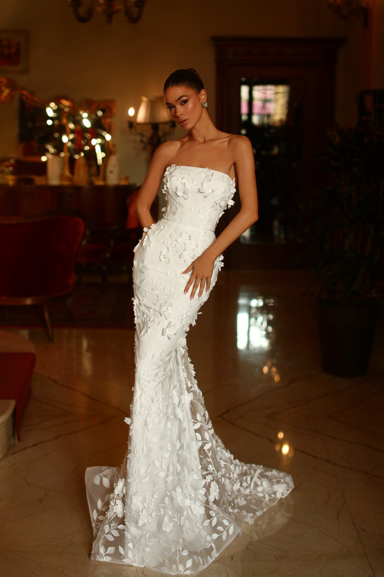 TINA HOLLY COUTURE TW121W mermaid bridal dress with 3D lace, puff sleeves, Brisbane to Gold Coast.