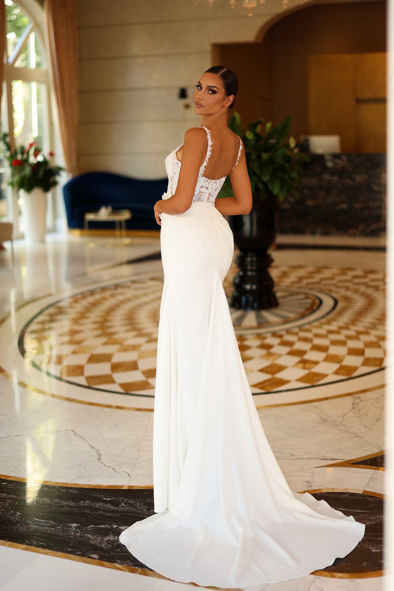 CLARISSA Tina Holly bridal dress with lace bodice, crepe fabric. Fitted wedding gown with corset back. Brisbane to Gold Coast.