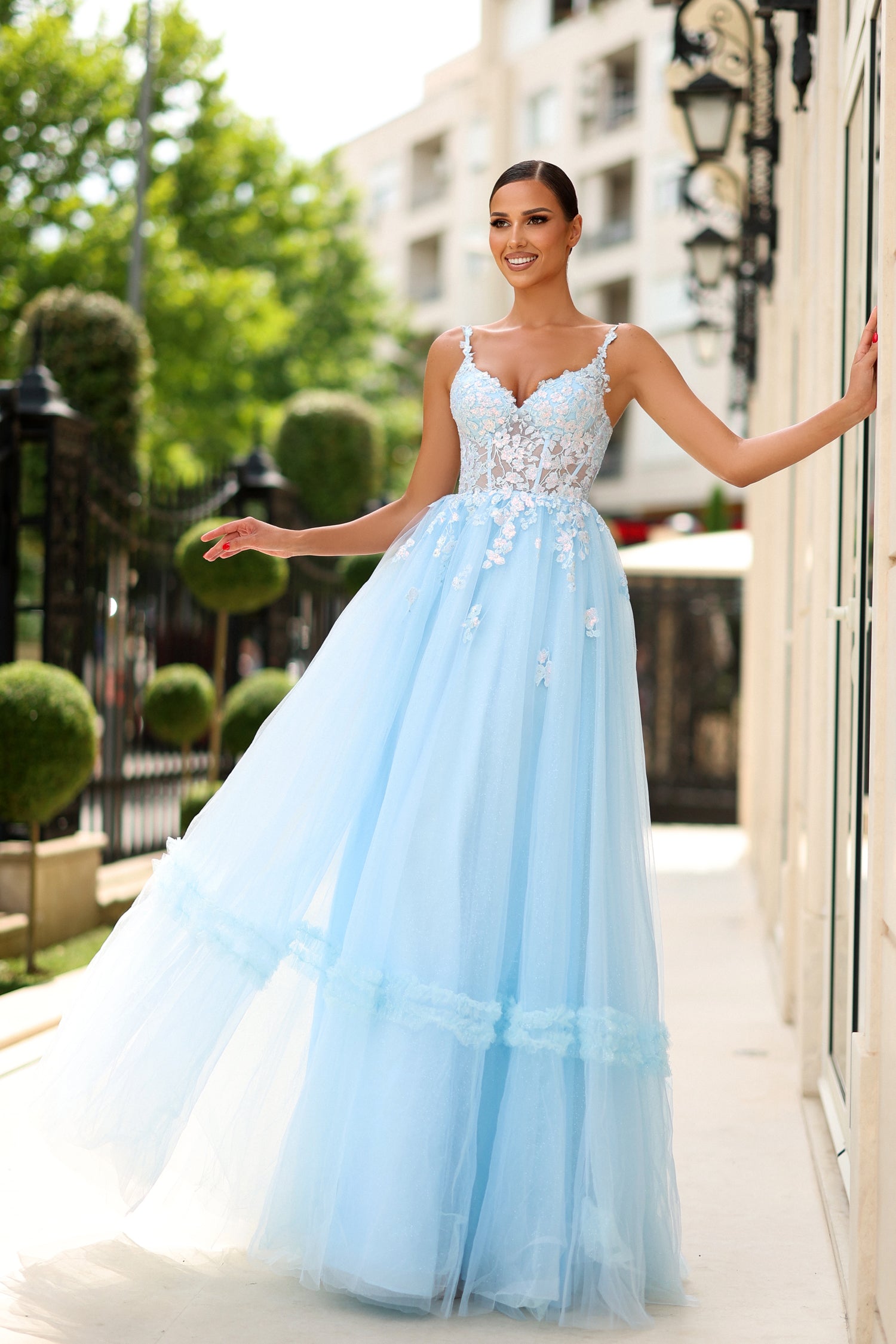 TINA HOLLY COUTURE TY405 blue lace tulle prom gown with floral appliqués, A-line silhouette. Perfect for Brisbane to Gold Coast events.